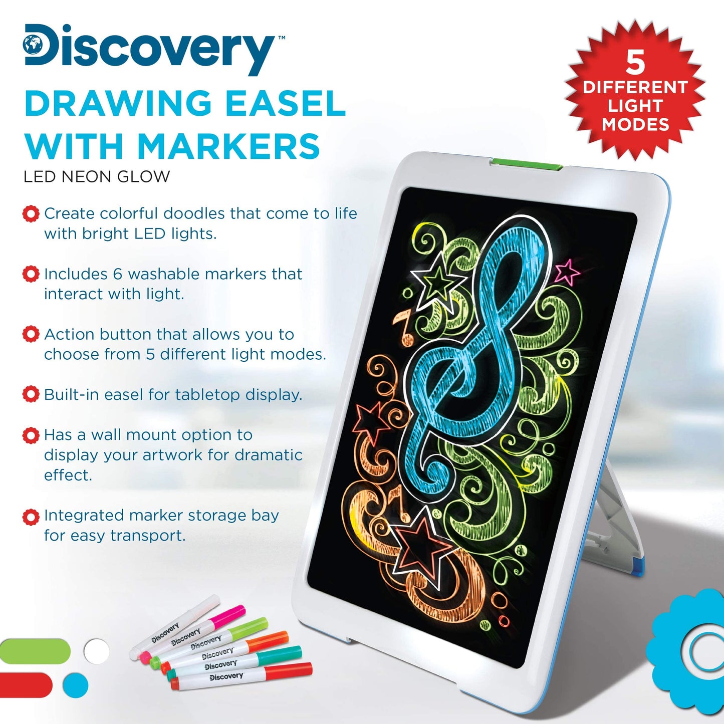 Discovery™ Kids Neon Glow Drawing Easel w/ 6 Color Markers, Built-in Kickstand/Wall Mount, 5 Light Modes, Easy Clean/Washable, Wide Screen, Flat