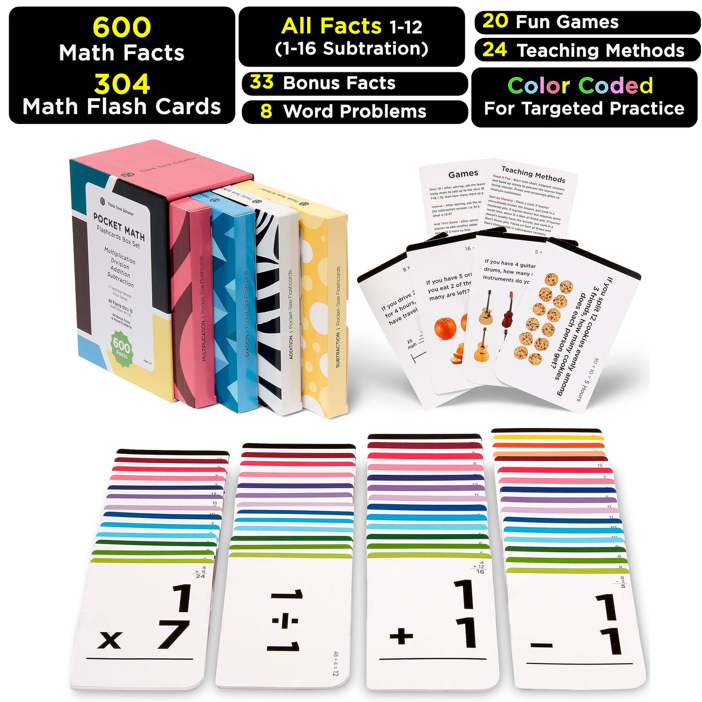 Award-Winning Math Flash Cards - 600 Addition, Subtraction, Multiplication & Division Facts - 2 Facts Per Card - 20 Games & Teaching Methods - Grades