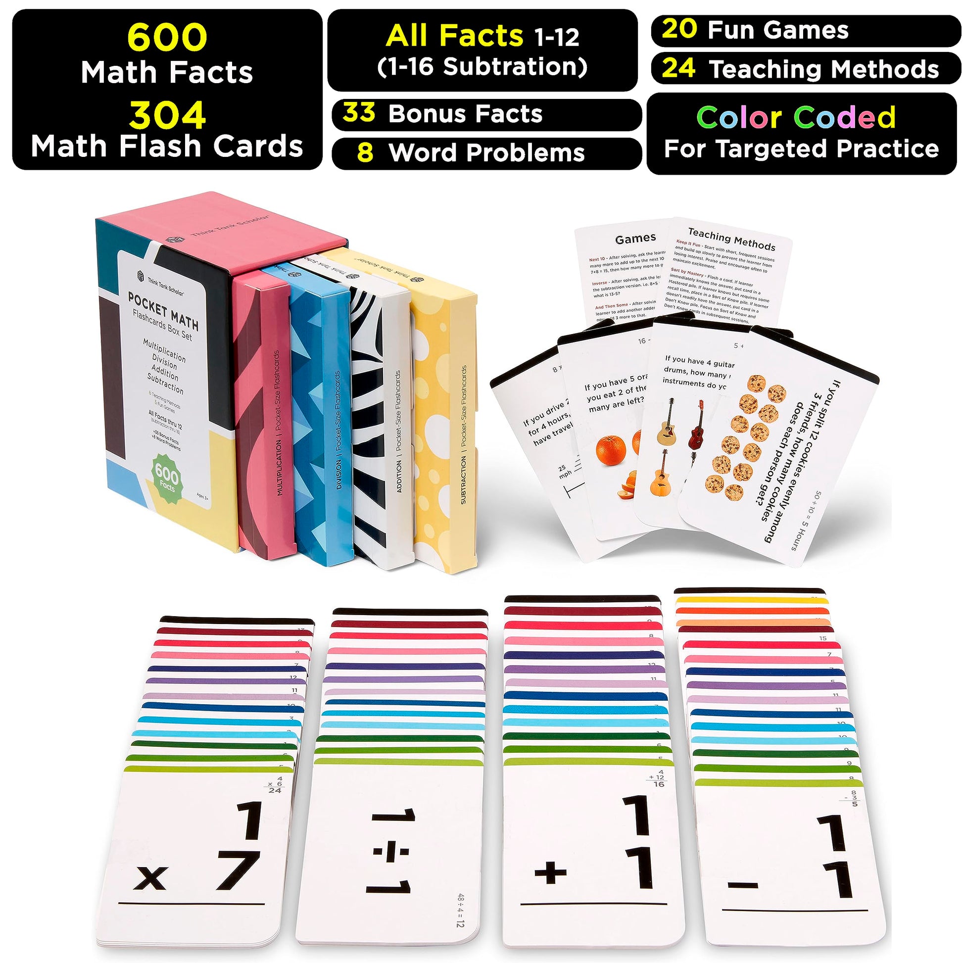 Award-Winning Math Flash Cards - 600 Addition, Subtraction, Multiplication & Division Facts - 2 Facts Per Card - 20 Games & Teaching Methods - Grades