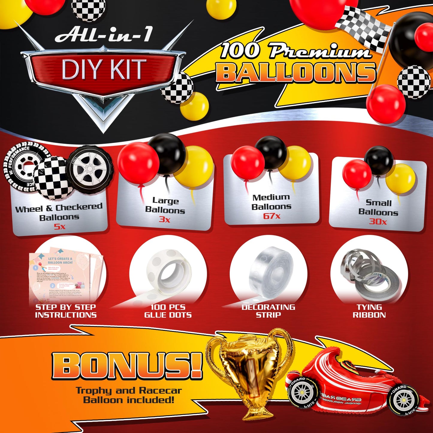 ALL-IN-1 Race Car Balloon Arch Kit & Garland with BONUS Trophy Foil Balloon - Red Black and Yellow Balloons for Race Car Birthday Party Supplies & Boy
