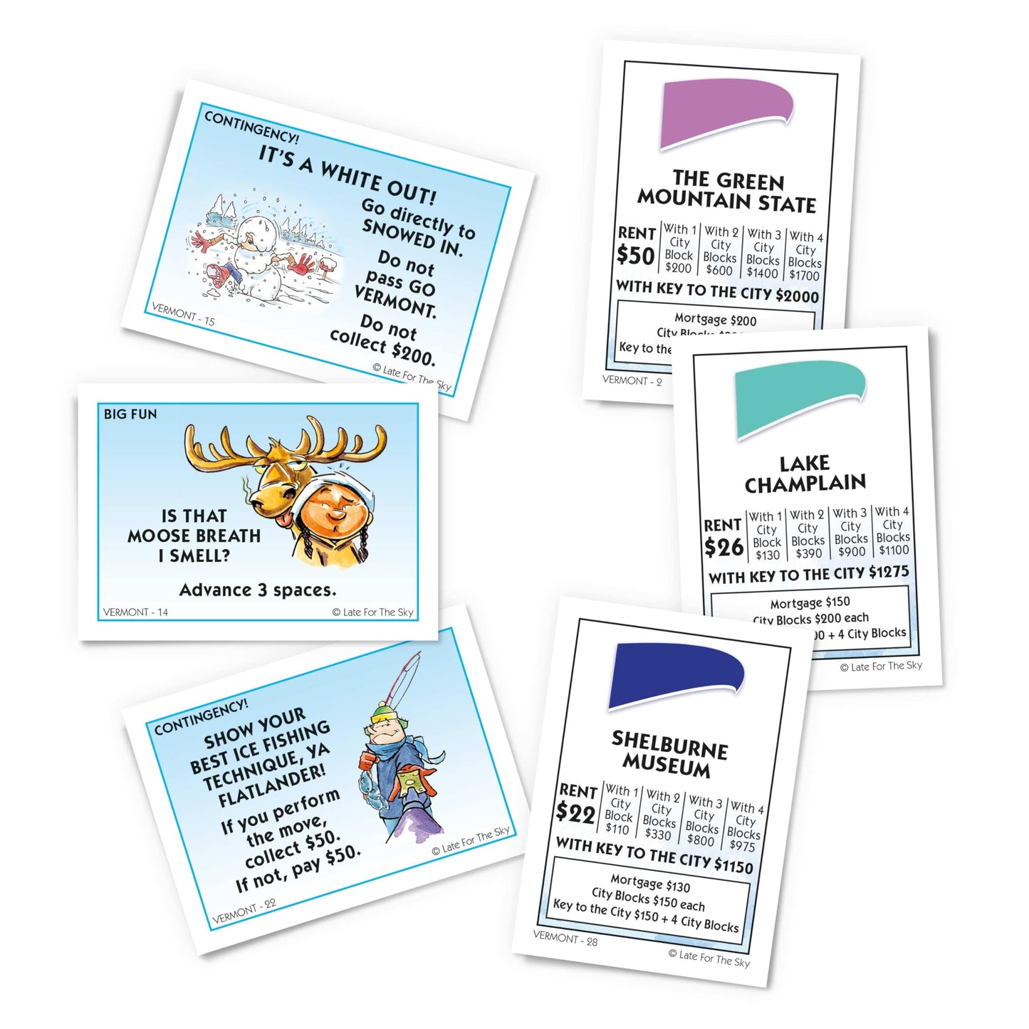 Late for The Sky Vermont-Opoly State Themed Family Board Game, Vermont Strategy Board Game for Adults and Kids, Ages 8+, 2-6 Players, Traditional or 1