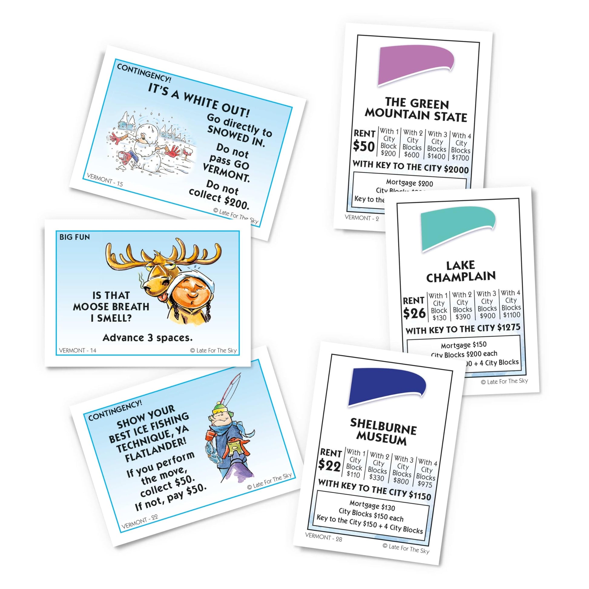 Late for The Sky Vermont-Opoly State Themed Family Board Game, Vermont Strategy Board Game for Adults and Kids, Ages 8+, 2-6 Players, Traditional or 1