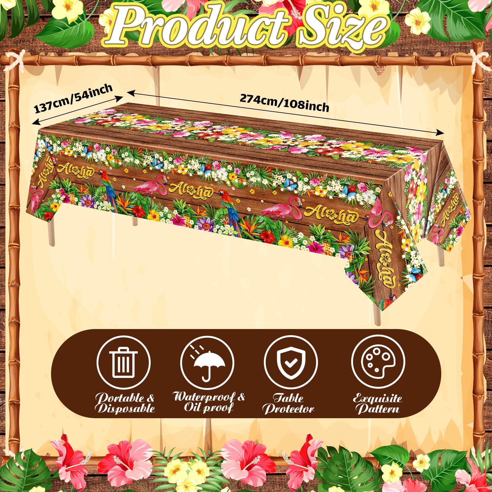 Tatuo 3 Pcs Hawaiian Tablecloths Tropical Luau Tiki Table Covers Summer Party Decoration Palm Leaves Plastic Rectangular Aloha Flower Tablecloth