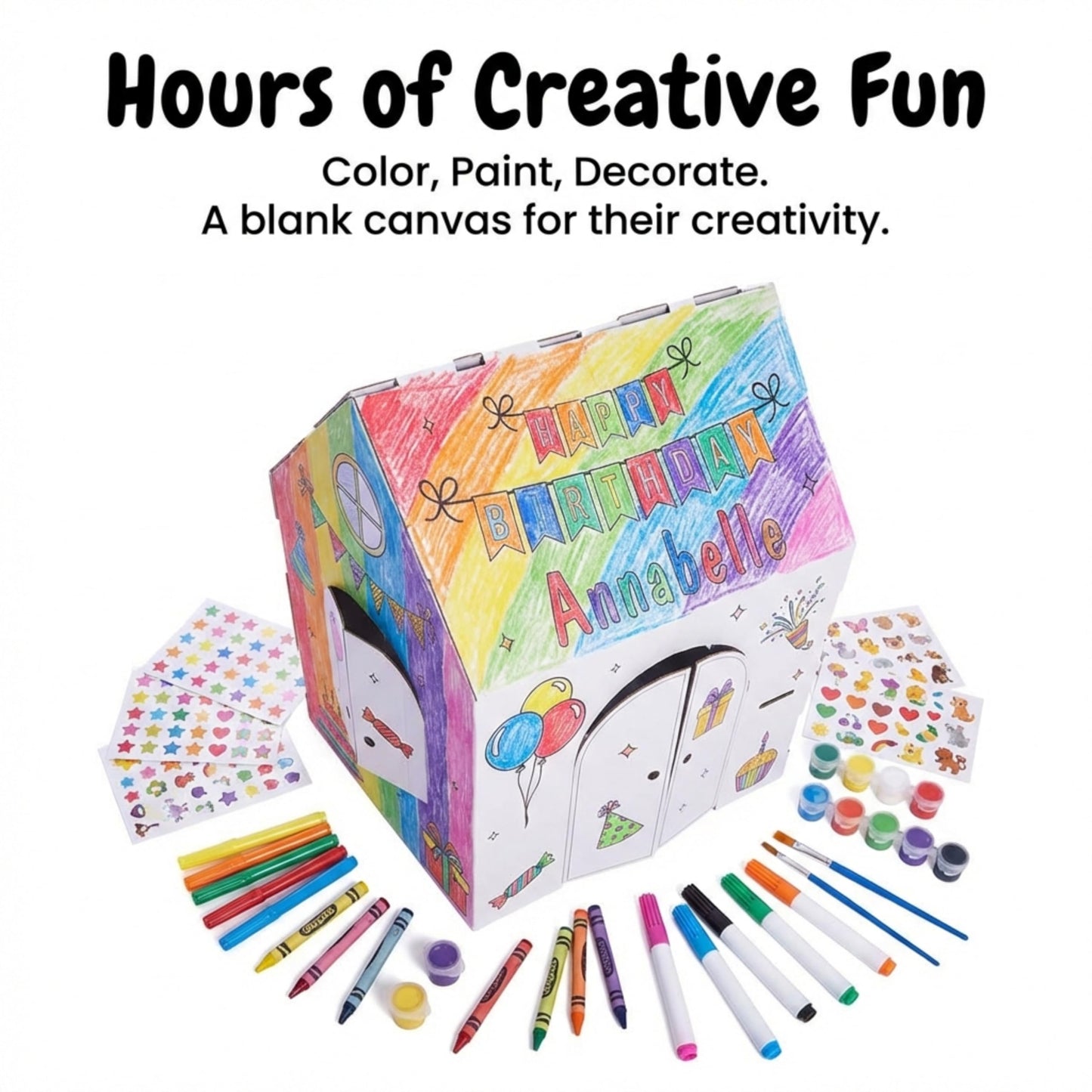 Anderson’s My Name, My Playhouse! Birthday House - Personalized Cardboard Playhouse for Kids Ages 3+, Color-in Party Activity, Birthday Gift, DIY