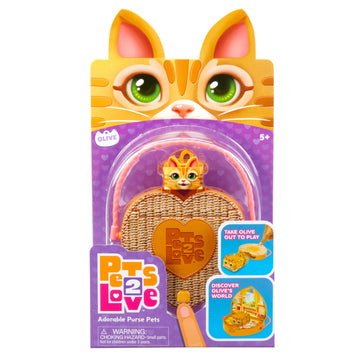 Pets 2 Love Olive The Cat Toy Pet with Heart-Shaped Animal Purse, Includes Miniature Carrier & Leash, Compact and Travel Friendly, 3-in-1 Interactive