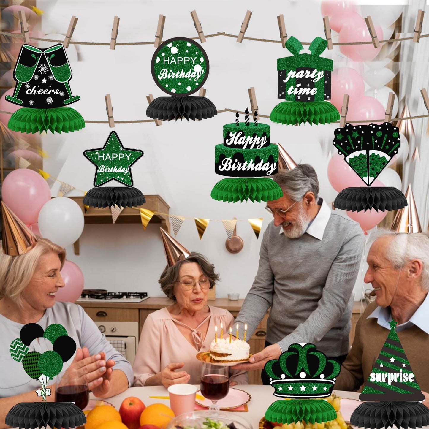 WINPOGEE 9PCS Green Black Birthday Decorations Honeycomb Centerpieces for Women Men Green Black Happy Birthday Table Centerpieces Party Supplies 16th