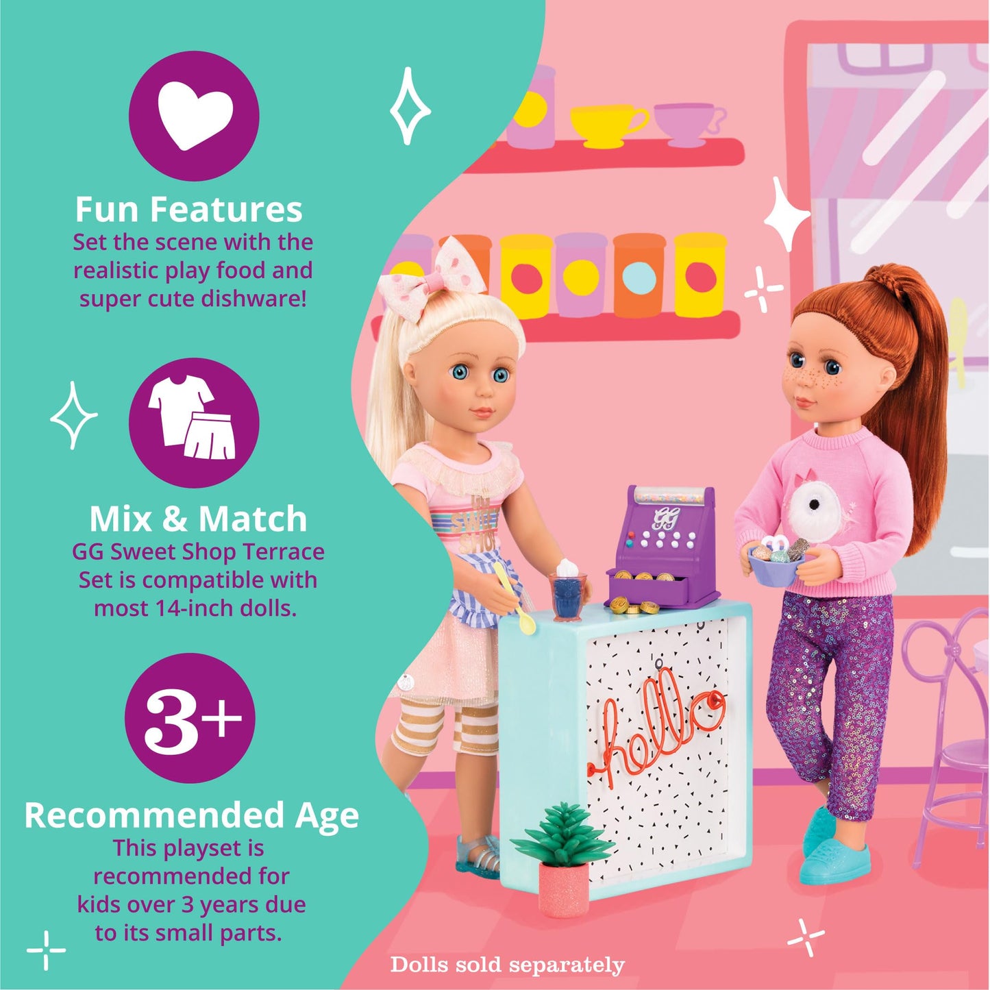 Glitter Girls - 14-Inch Doll Accessories - Shop Terrace Playset with 60+ Pieces - Patio Furniture Set - Table & Chairs for Sweet Shop - Play Food &