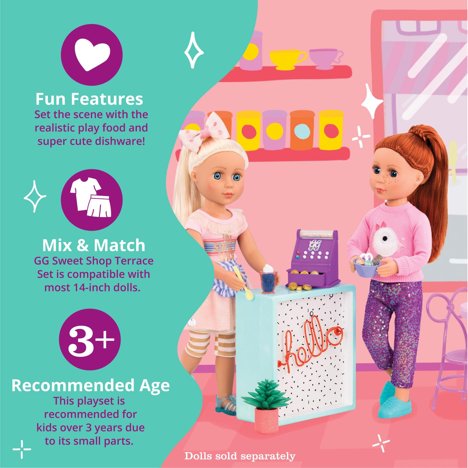 Glitter Girls - 14-Inch Doll Accessories - Shop Terrace Playset with 60+ Pieces - Patio Furniture Set - Table & Chairs for Sweet Shop - Play Food &