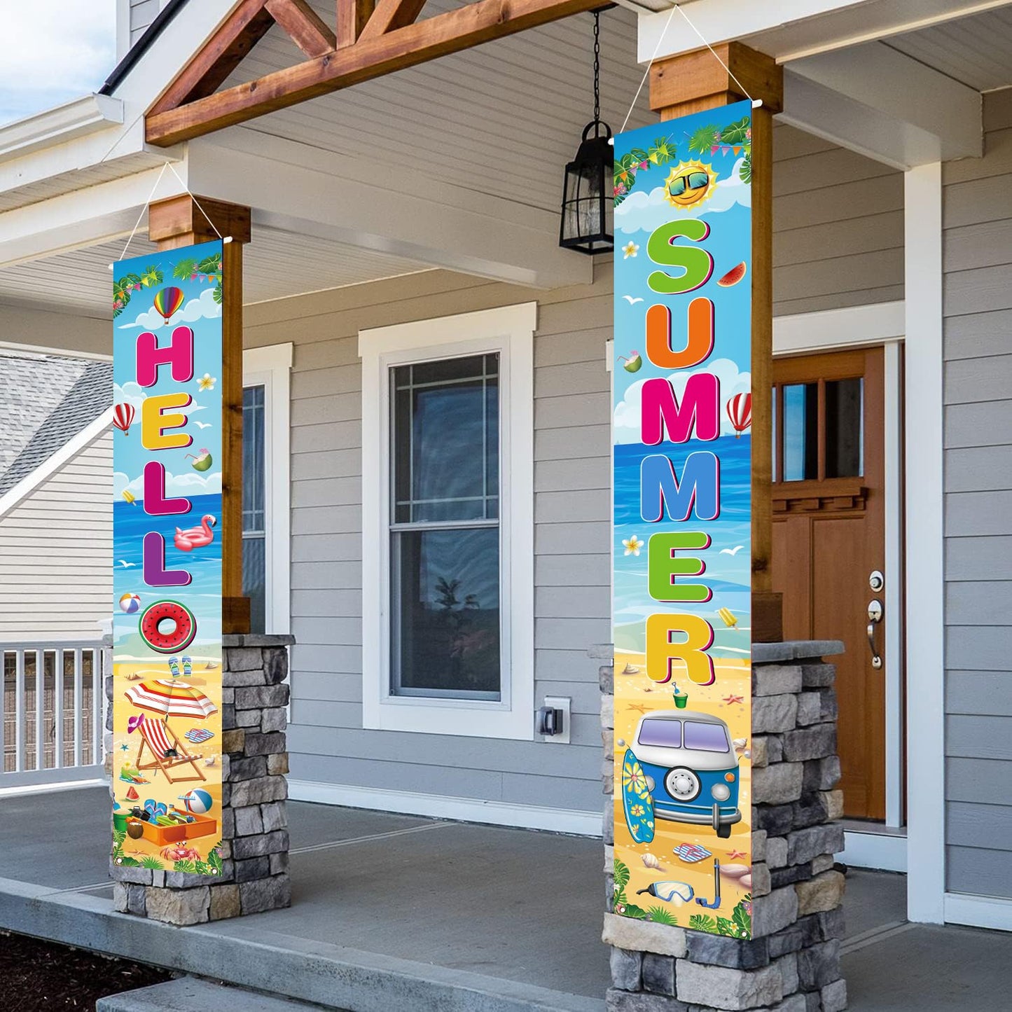 Hello Summer Porch Sign, 2 Pcs Beach Pool Hawaiian Luau Door Banners, 71 x 12 Inch