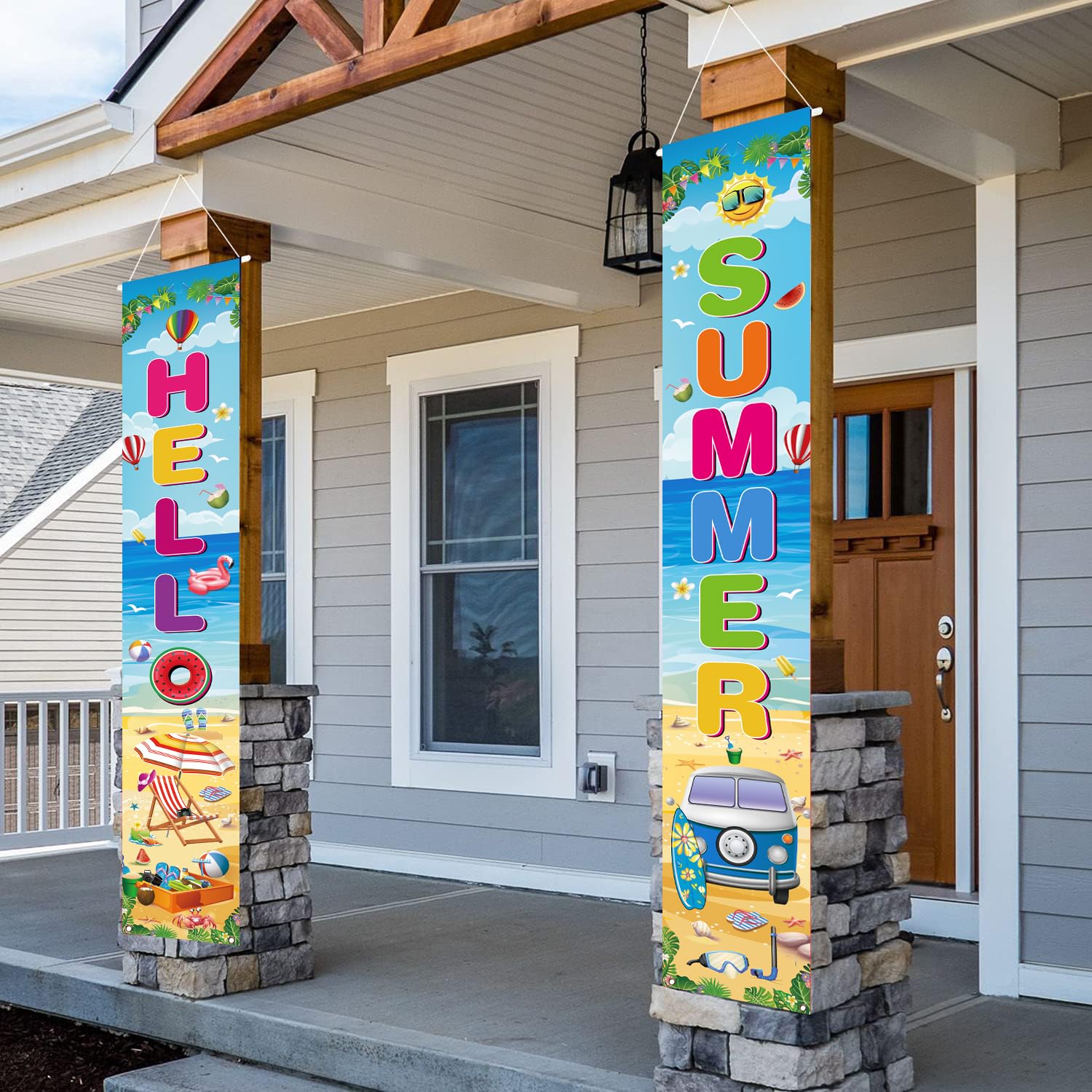 Hello Summer Porch Sign, 2 Pcs Beach Pool Hawaiian Luau Door Banners, 71 x 12 Inch