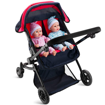 Double Doll Stroller for Twin Baby Dolls - Convertible Seat Toy Stroller for Toddlers 3 Years and up, Adjustable Handle with Storage Basket, Red