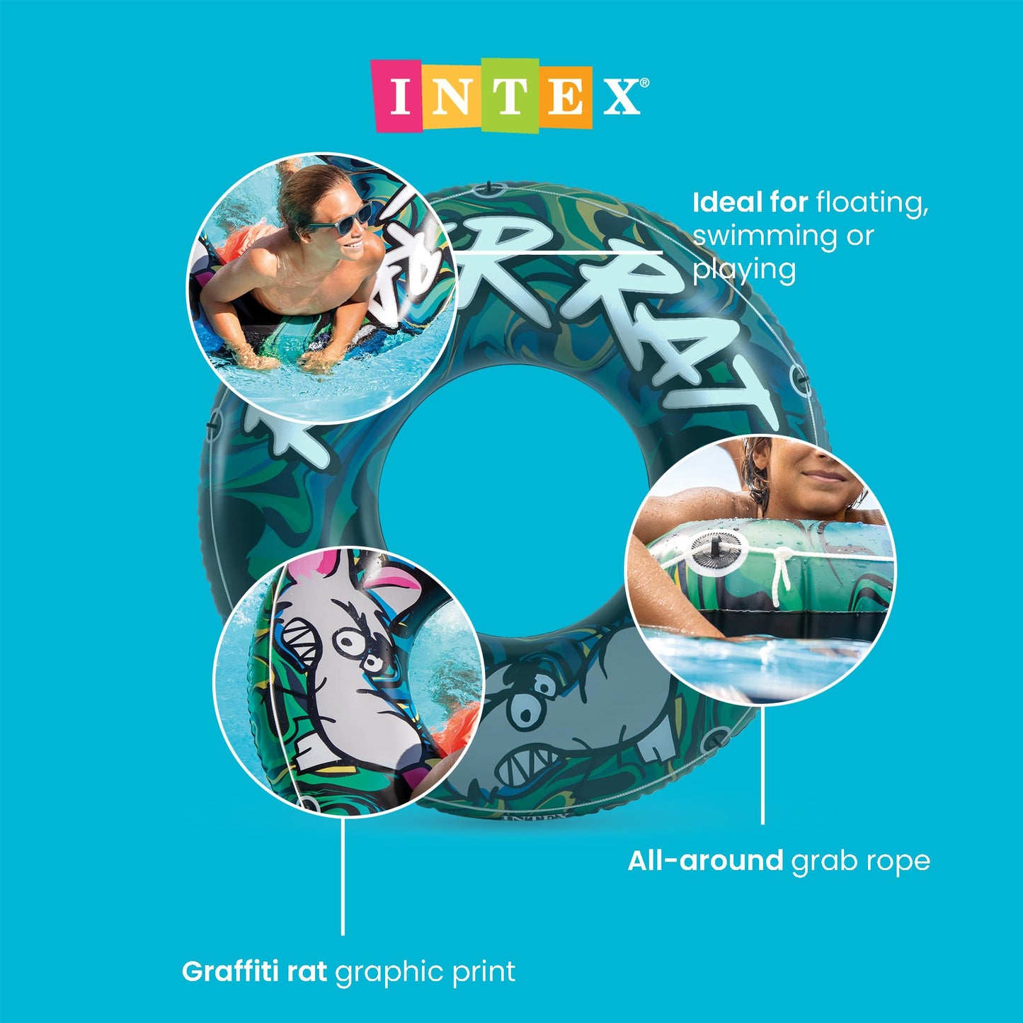 Intex River Rat 48 Inch Inflatable Vinyl Towable Boat Floating Tube Raft for Swimming Pool and Lake in Green Rat or Graffiti Rat Design, Color Varies