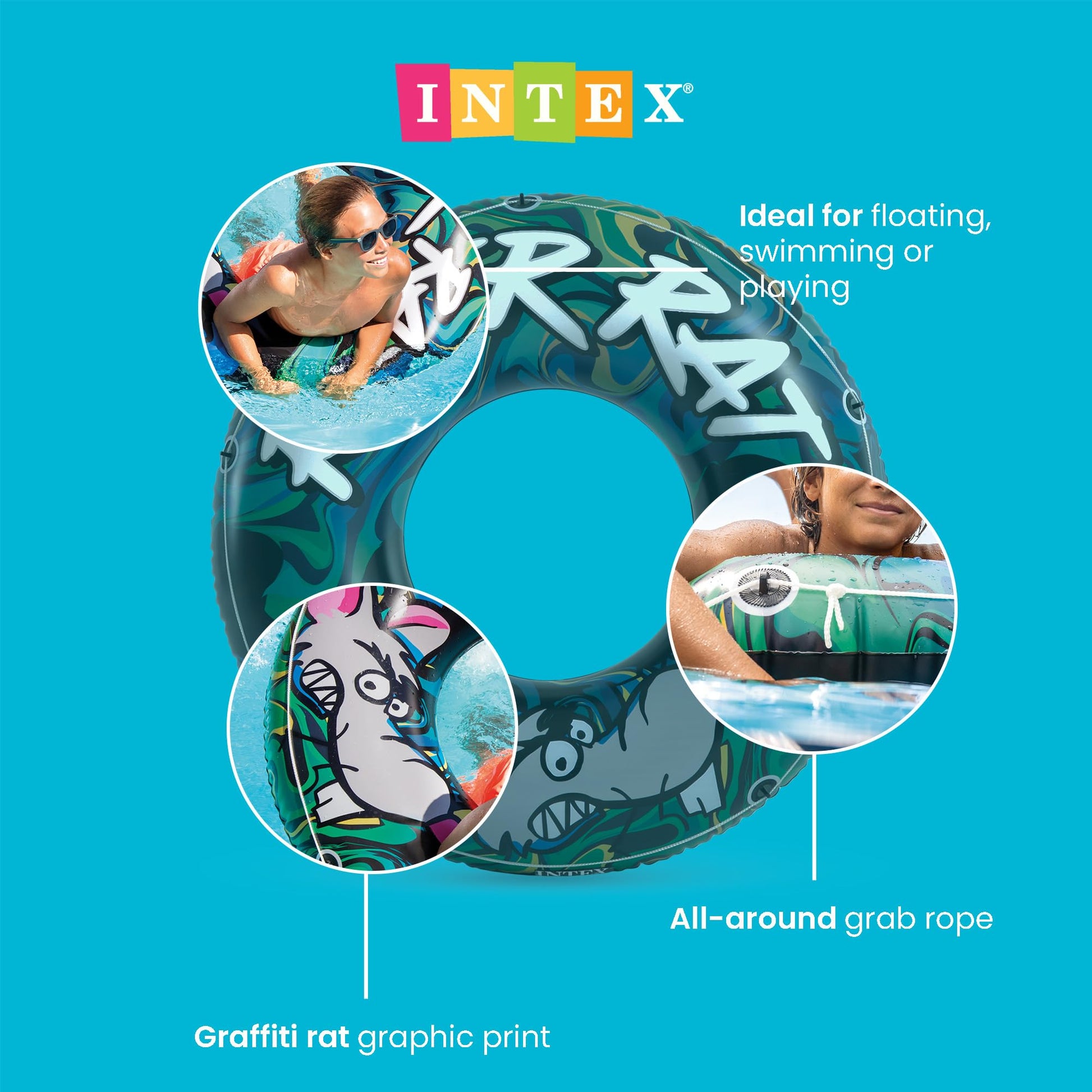 Intex River Rat 48 Inch Inflatable Vinyl Towable Boat Floating Tube Raft for Swimming Pool and Lake in Green Rat or Graffiti Rat Design, Color Varies