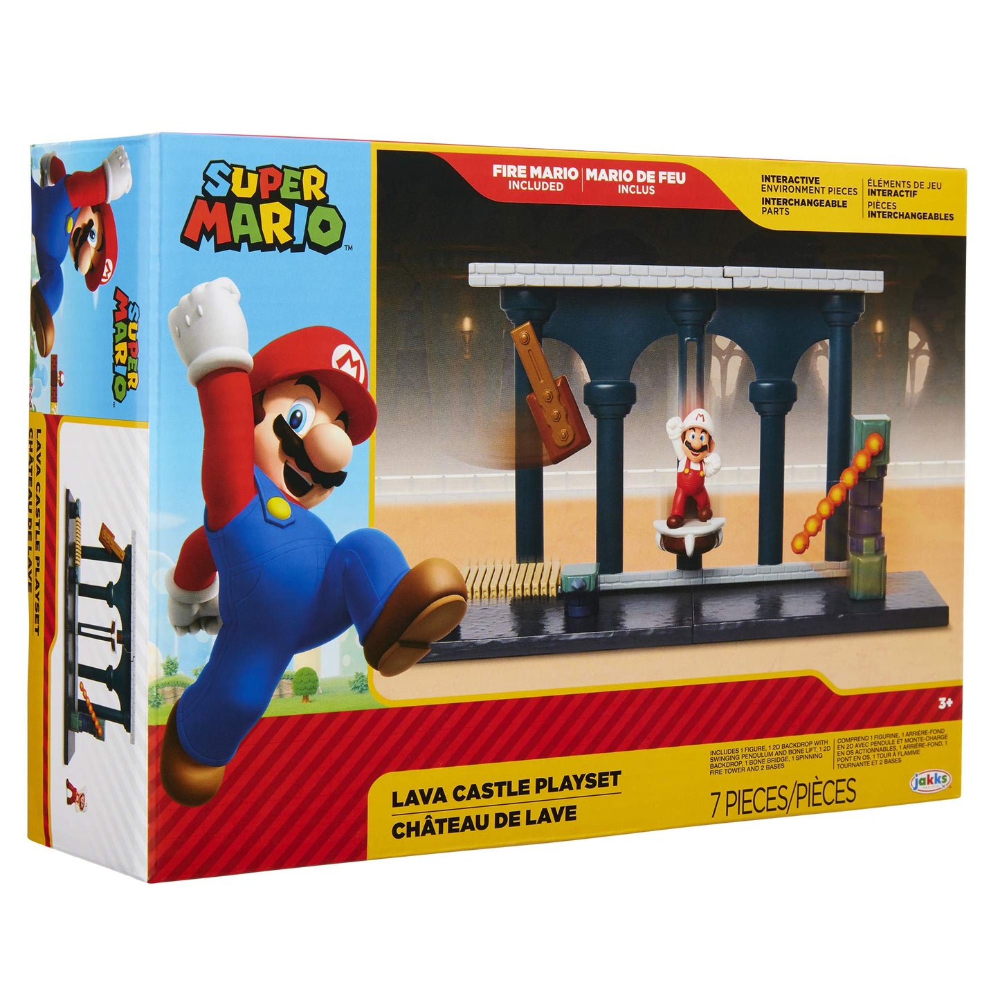 Nintendo Super Mario Lava Castle Deluxe Play Set, Includes: 2.5” Fire Mario Figure & Mechanical Features, Spinning Fireballs Tower, Swinging Pendulum