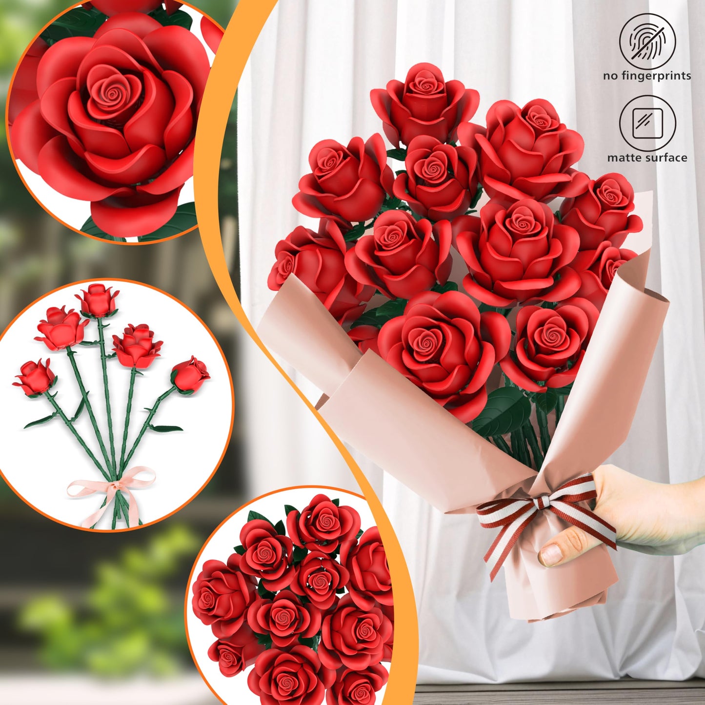 Red Roses Flower Bouquet Building Sets, 670Pcs Artificial Flowers Building Blocks Compatible with Lego Flowers Valentines Day Gifts