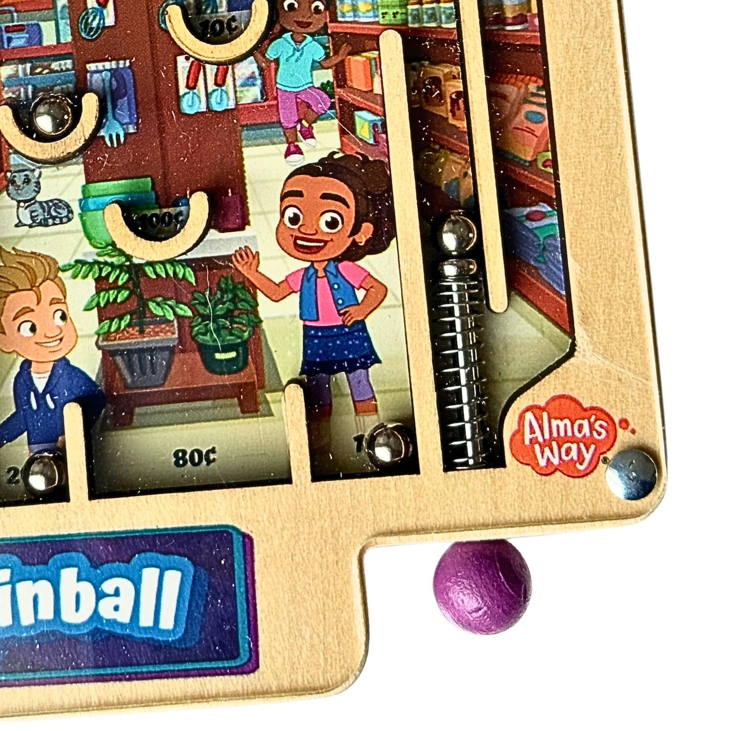 Upbounders® Alma’s Way™ Bodega Wooden Pinball - Pocket-Size Wooden Travel Pinball Toy for Kids 3+ - Neighborhood Shop Pretend Play