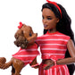 Barbie Twinning Looks Doll with Pet Dog in Matching Red Striped Clothes and Accessories for Both Like Sunglasses and Headbands, Wavy Black Hair