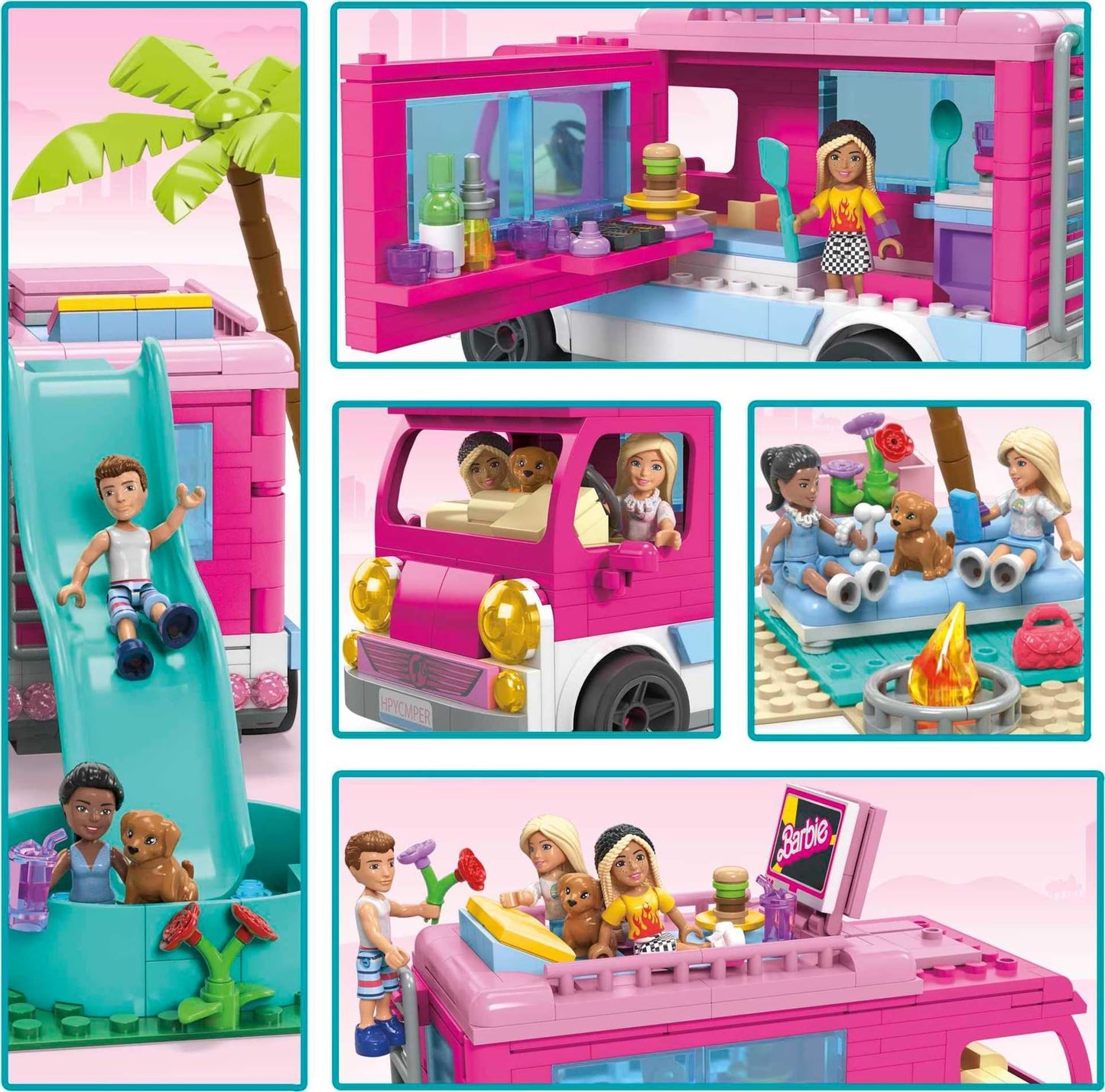 MEGA Construx Barbie Kids Building Toy Set, Dream Camper Adventure with 580 Pieces, 4 Micro-Dolls, Barbie Pets and Accessories, Pink, Ages 6+ Years
