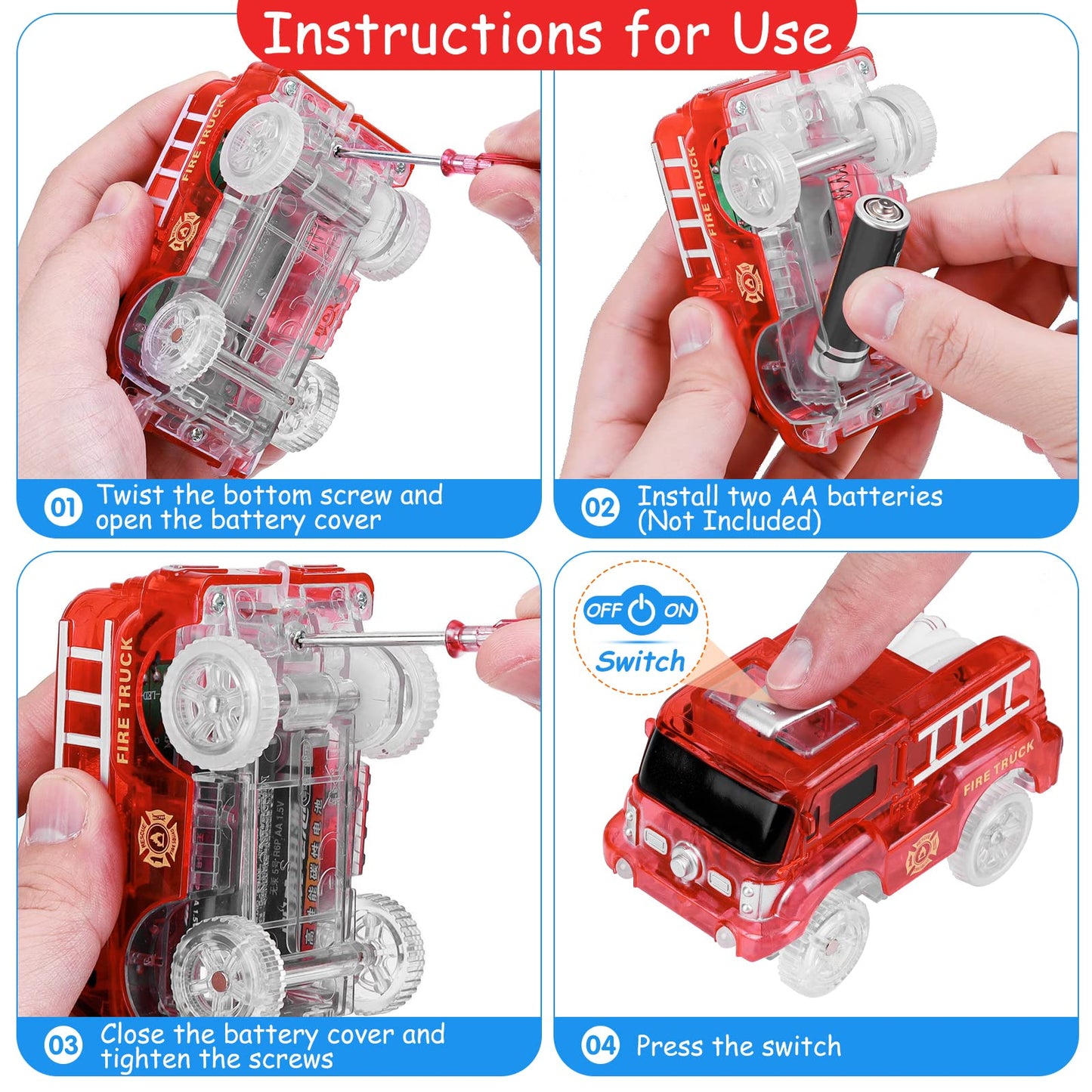 FancyWhoop Tracks Cars Replacement Only - Light Up Magic Cars for Tracks Compatible with Glow in The Dark Toy Cars with 5 LED Flashing Lights for Most