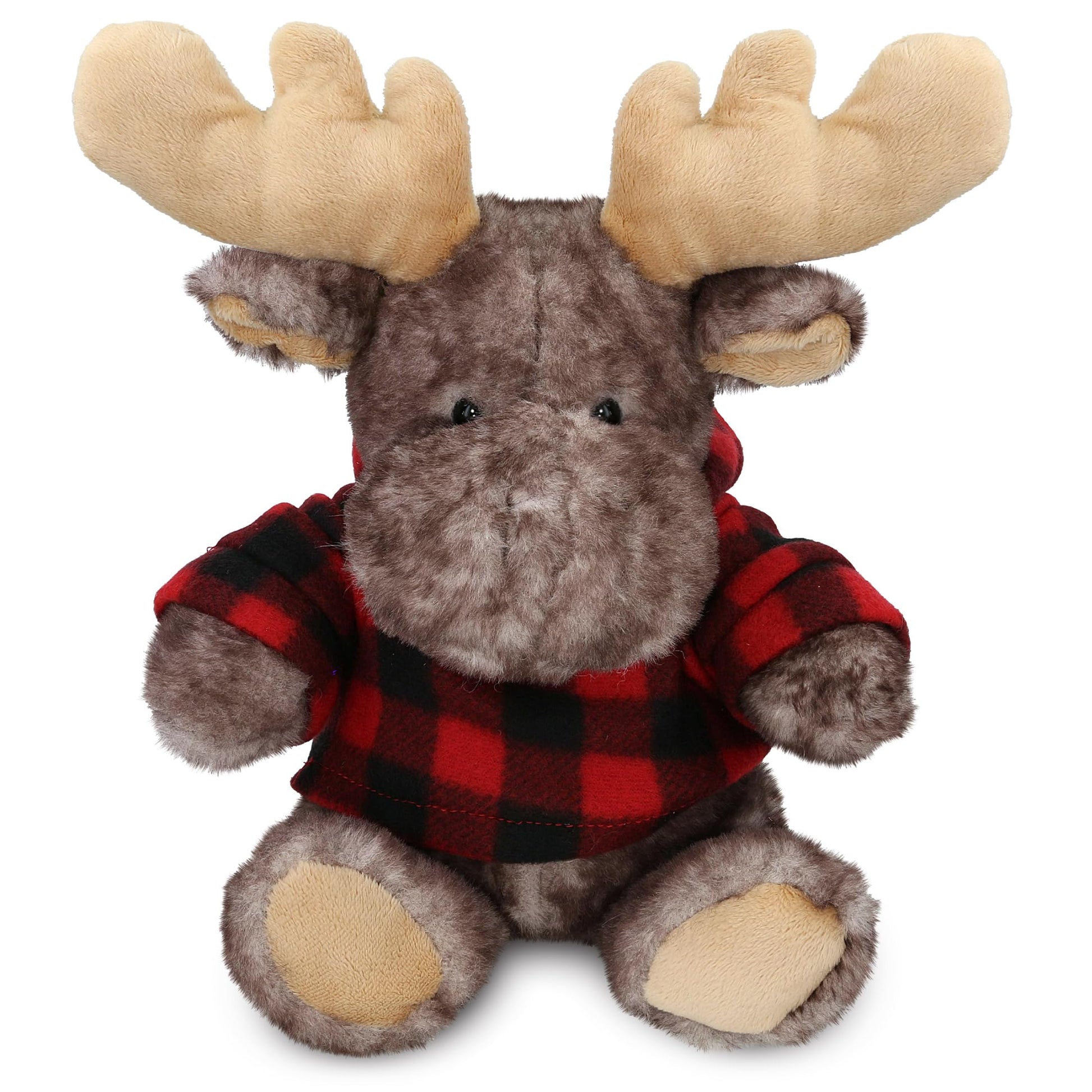 DolliBu Soft Brownish Sitting Moose Stuffed Animal with Plaid Red Hoodie Sweater and Personalization - Moose Plush Lumberjack Stuffed Toy with Plaid