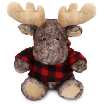 DolliBu Soft Brownish Sitting Moose Stuffed Animal with Plaid Red Hoodie Sweater and Personalization - Moose Plush Lumberjack Stuffed Toy with Plaid