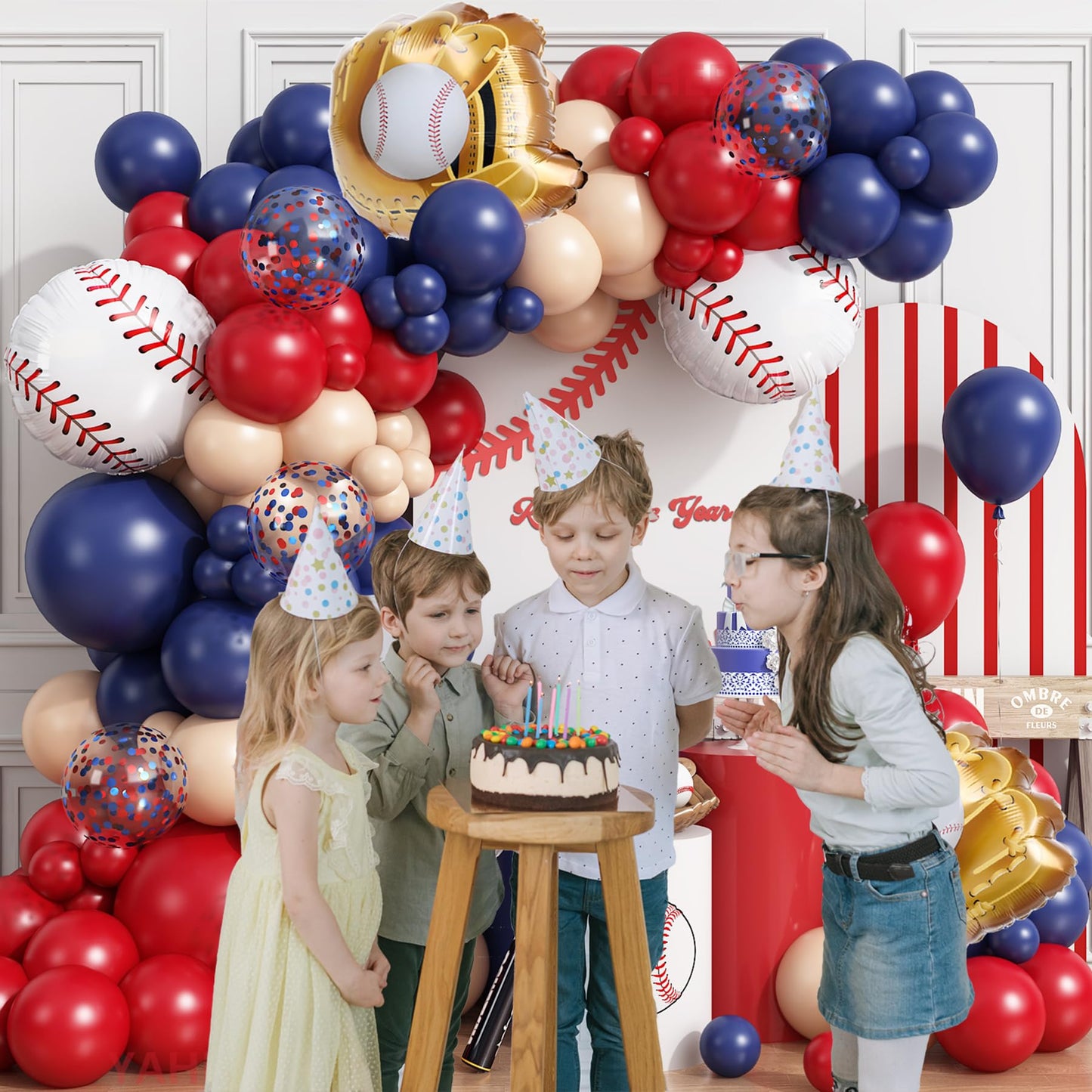 Baseball Balloon Arch Garland Kit,166Pcs Navy Blue Red Nude and Confetti Balloon with Baseball Foil Balloons for Summer Birthdays Party,Sports Theme