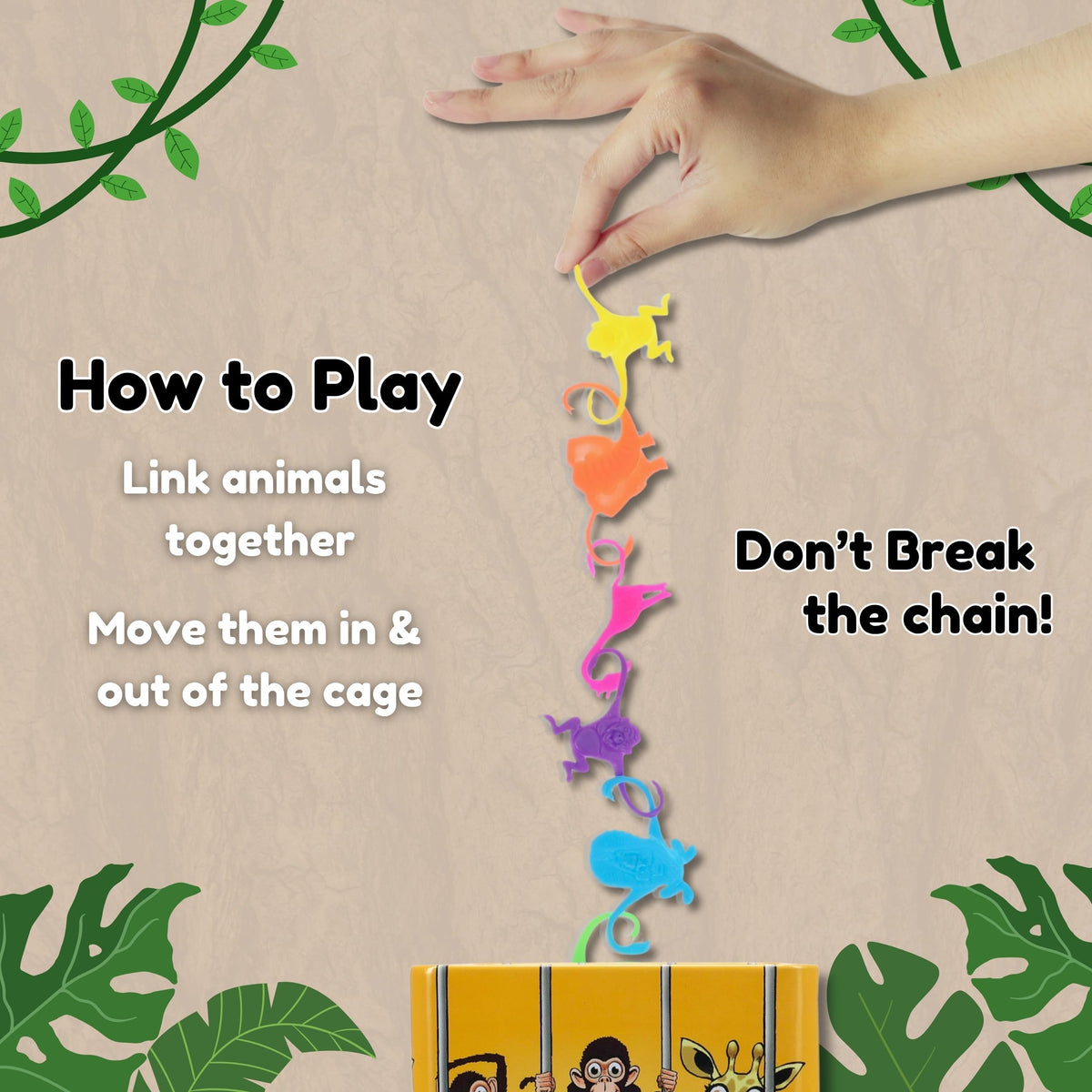 TDC Games Monkey Run - Monkey Linking Chain Game in Tin Box, 32 Colorful Animal Figures, Four Games in One, Travel Games for 1-4 Players, Dexterity