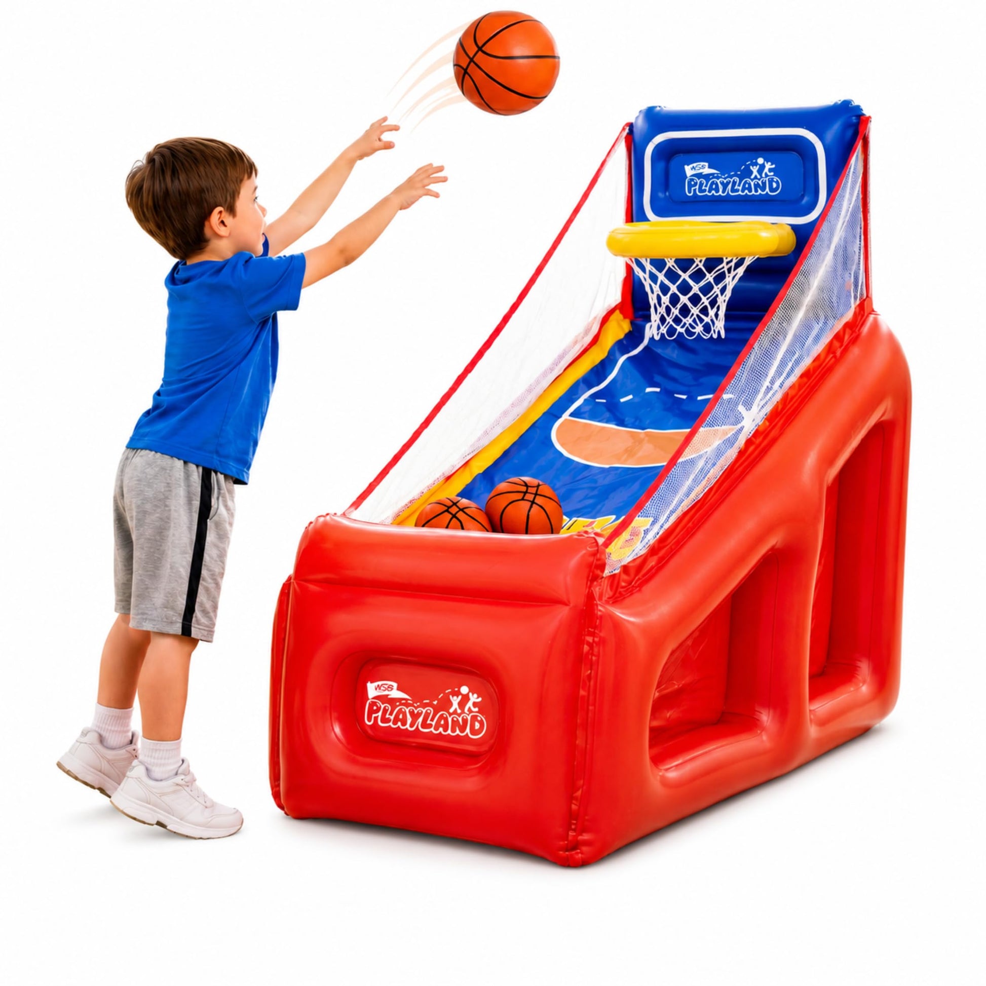 NSG PlayLand Shoot 'N' Score Inflatable Basketball Game for Kids Ages 3+ | Indoor & Outdoor Arcade Basketball Set with Hoop, 3 Balls & Pumps | Family