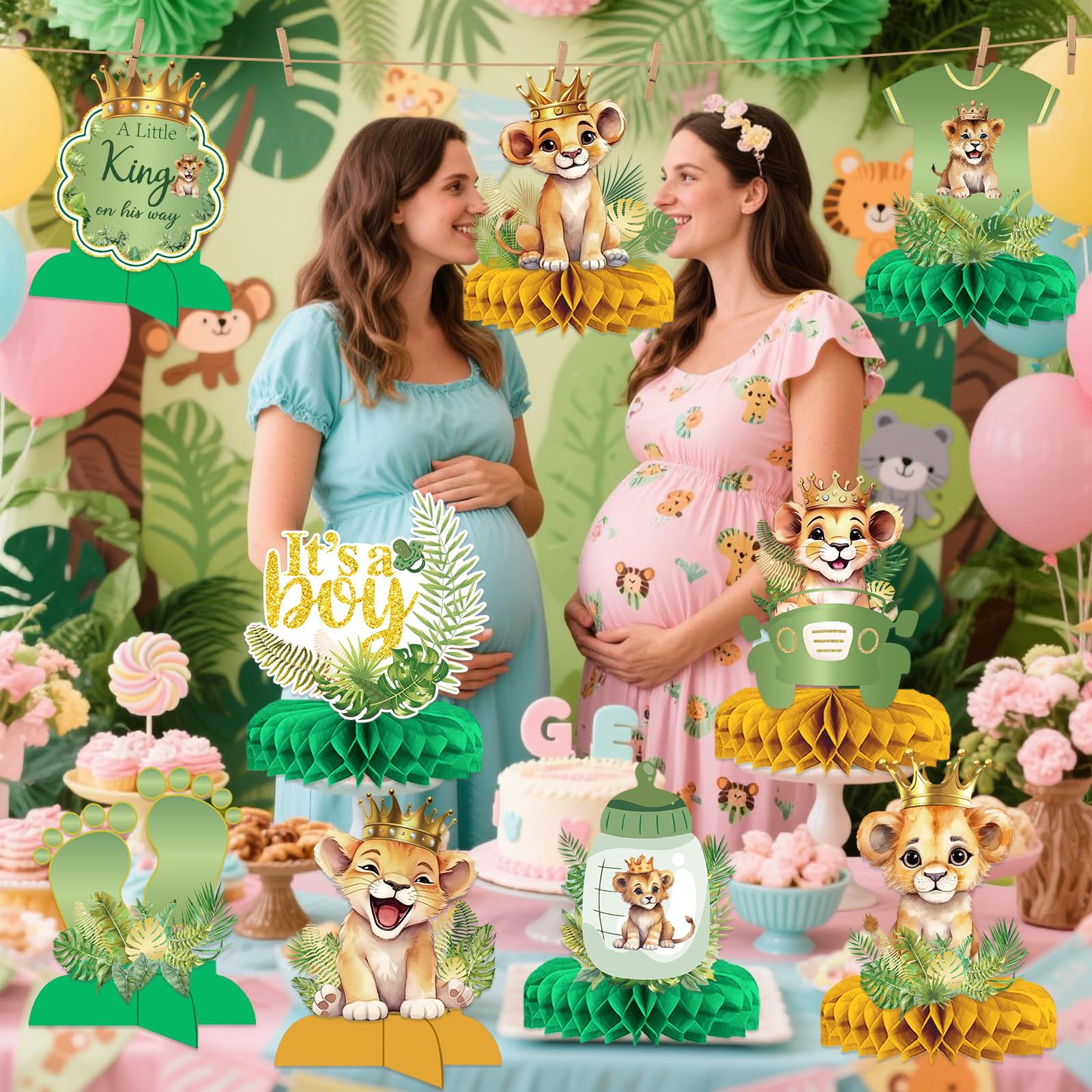 9 Pcs Lion Baby Shower Decorations - A Little King Is On His Way Baby Shower Safari Centerpieces for Tables Lion Gender Reveal Decorations