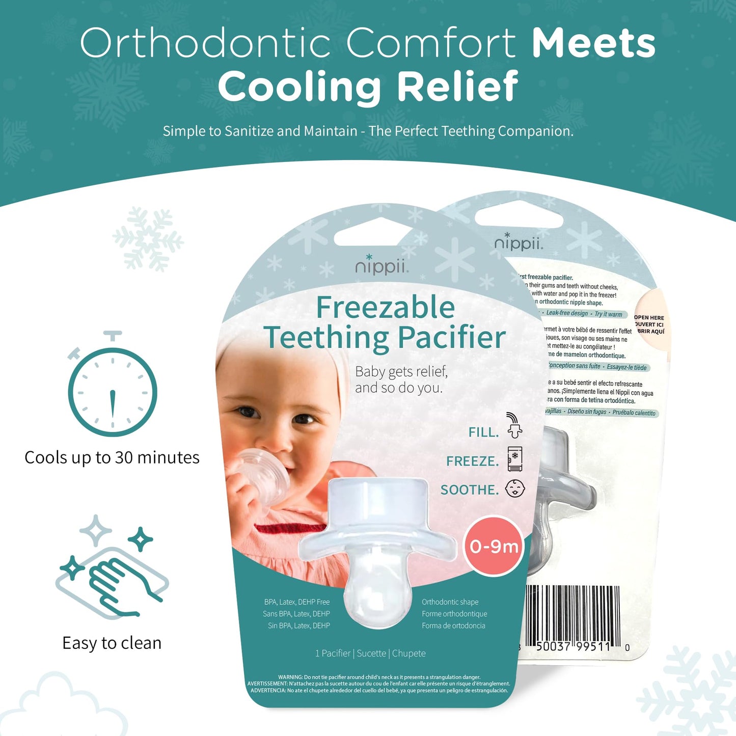 Nippii Freezable Orthodontic Pacifier, Teether Toy 0-9 Months, BPA Free