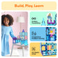 PicassoTiles 70pc Magnetic Tiles Winter Ice Castle Construction Magnet Tile Block Set with Princess Prince Characters Stair Case Windows Doors Pretend
