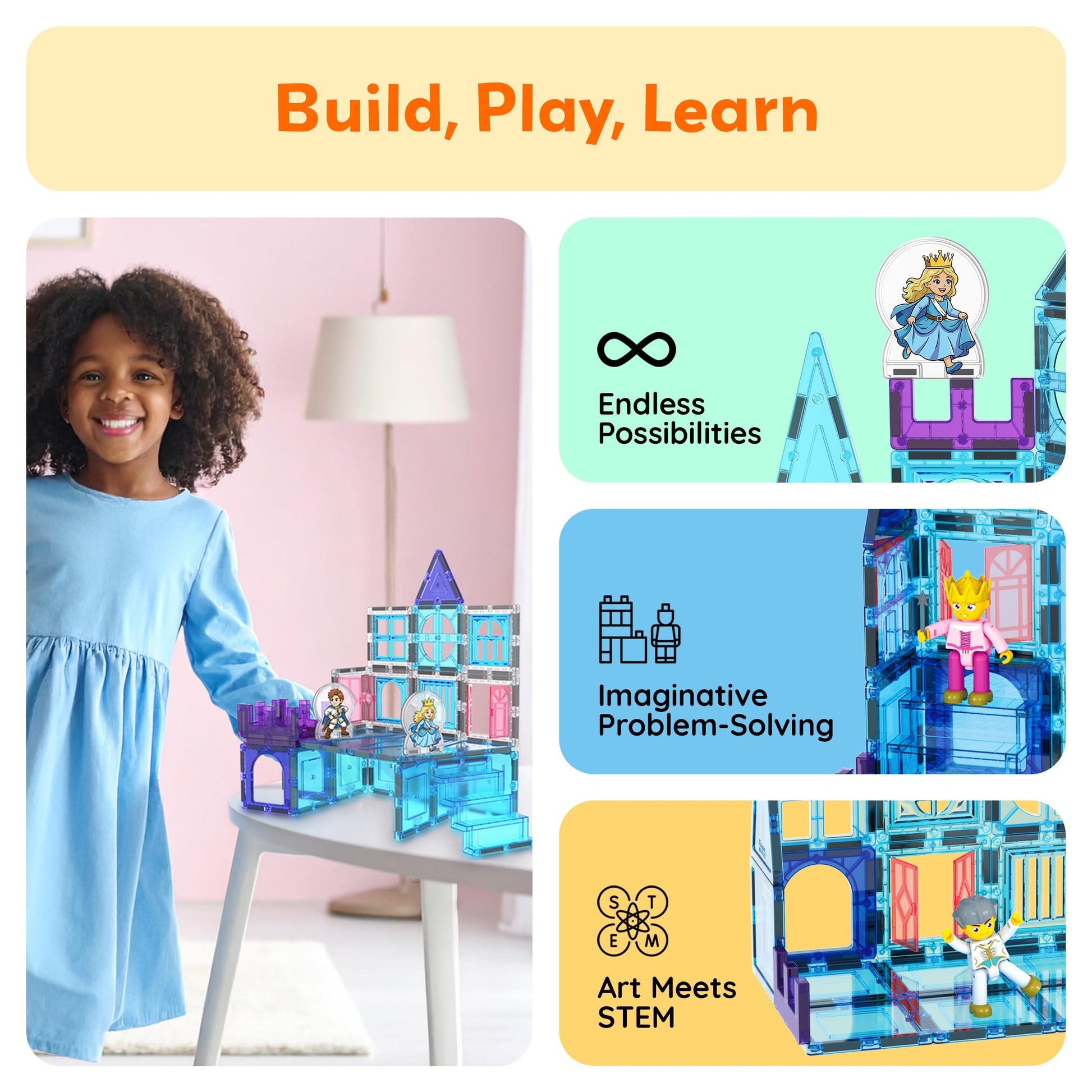 PicassoTiles 70pc Magnetic Tiles Winter Ice Castle Construction Magnet Tile Block Set with Princess Prince Characters Stair Case Windows Doors Pretend
