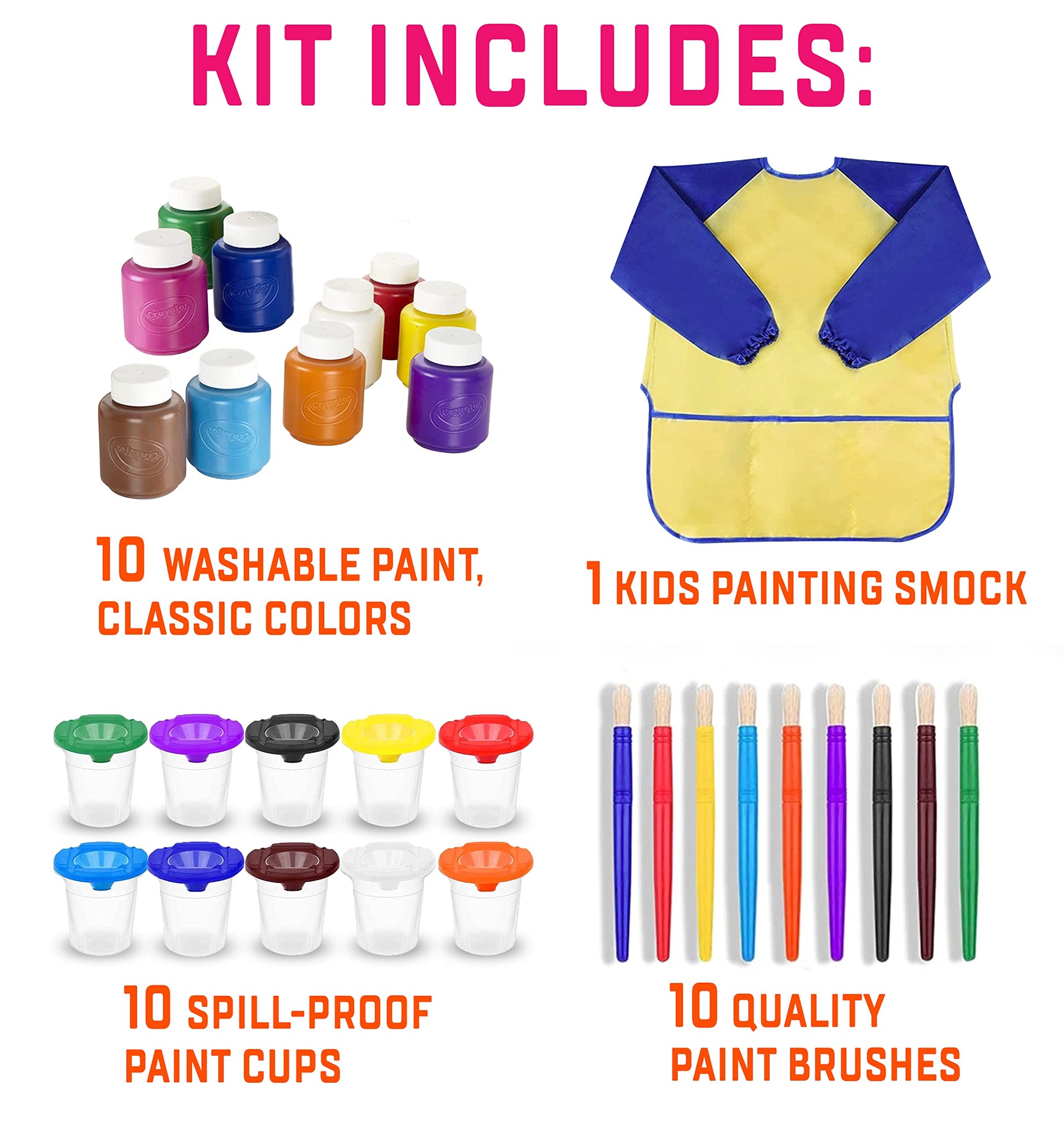 The Mega Deals Kids Painting Set - Washable Non-Toxic Finger Paints (10 Colors of 2 oz) with 10 Paint Cups, 10 Brushes, Kids Smock Mess-Free Toddler