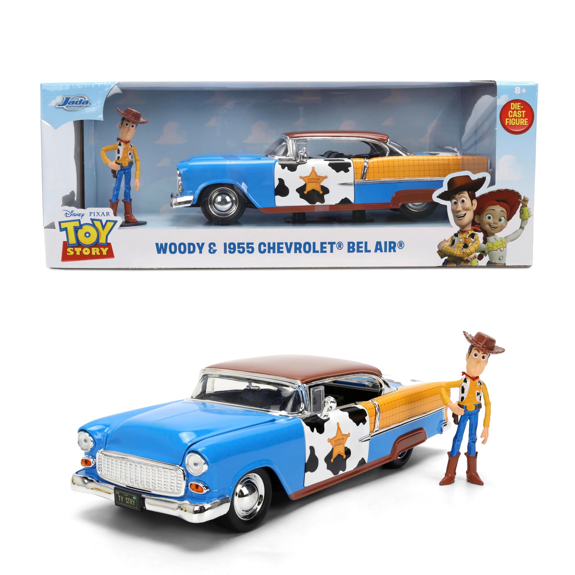 Jada Toy Story Woody 1955 Chevrolet Bel Air Die-Cast Car with Figure 1:24 Scale - Hollywood Rides Collectible Toys