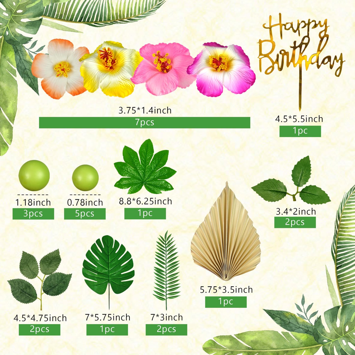 25 PCS Flower Cake Topper Hawaiian Cake Decorations with Palm Leaves Hibiscus Flowers Balls for Hawaii Aloha Jungle Summer Theme Wedding Birthday