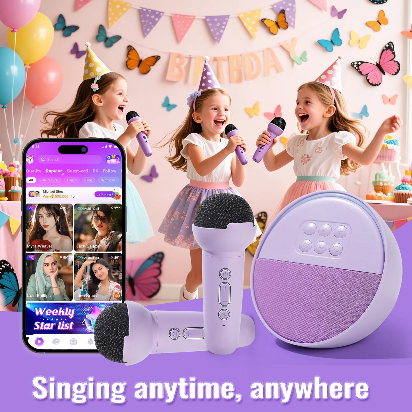 Mini Karaoke Machine for Kids, Portable Bluetooth Speaker with 2 Wireless Microphones, Birthday Gifts Toys for Girls Ages 3, 4, 5, 6, 7, 8, 9, 10+