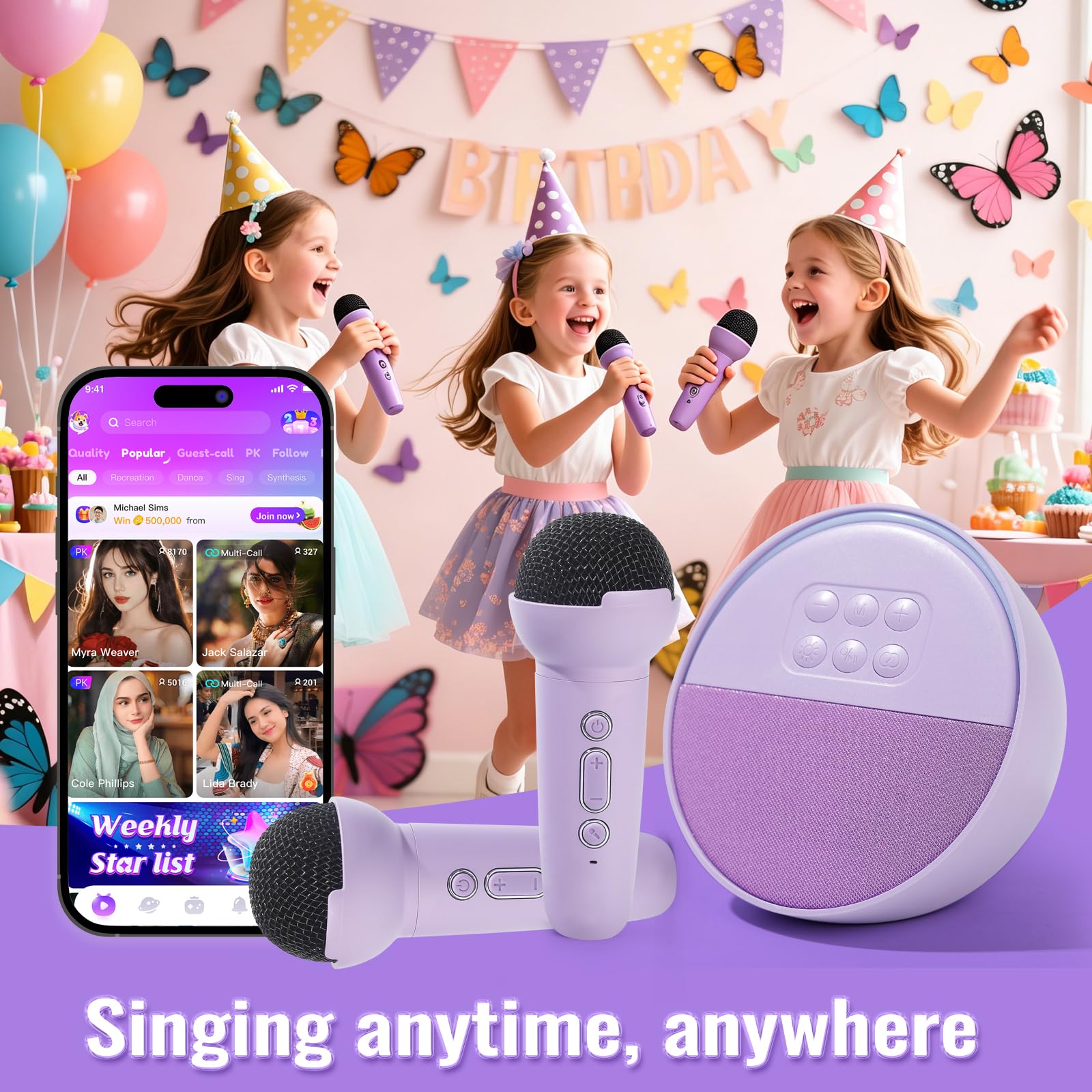 Mini Karaoke Machine for Kids, Portable Bluetooth Speaker with 2 Wireless Microphones, Birthday Gifts Toys for Girls Ages 3, 4, 5, 6, 7, 8, 9, 10+