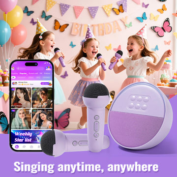 Mini Karaoke Machine for Kids, Portable Bluetooth Speaker with 2 Wireless Microphones, Birthday Gifts Toys for Girls Ages 3, 4, 5, 6, 7, 8, 9, 10+
