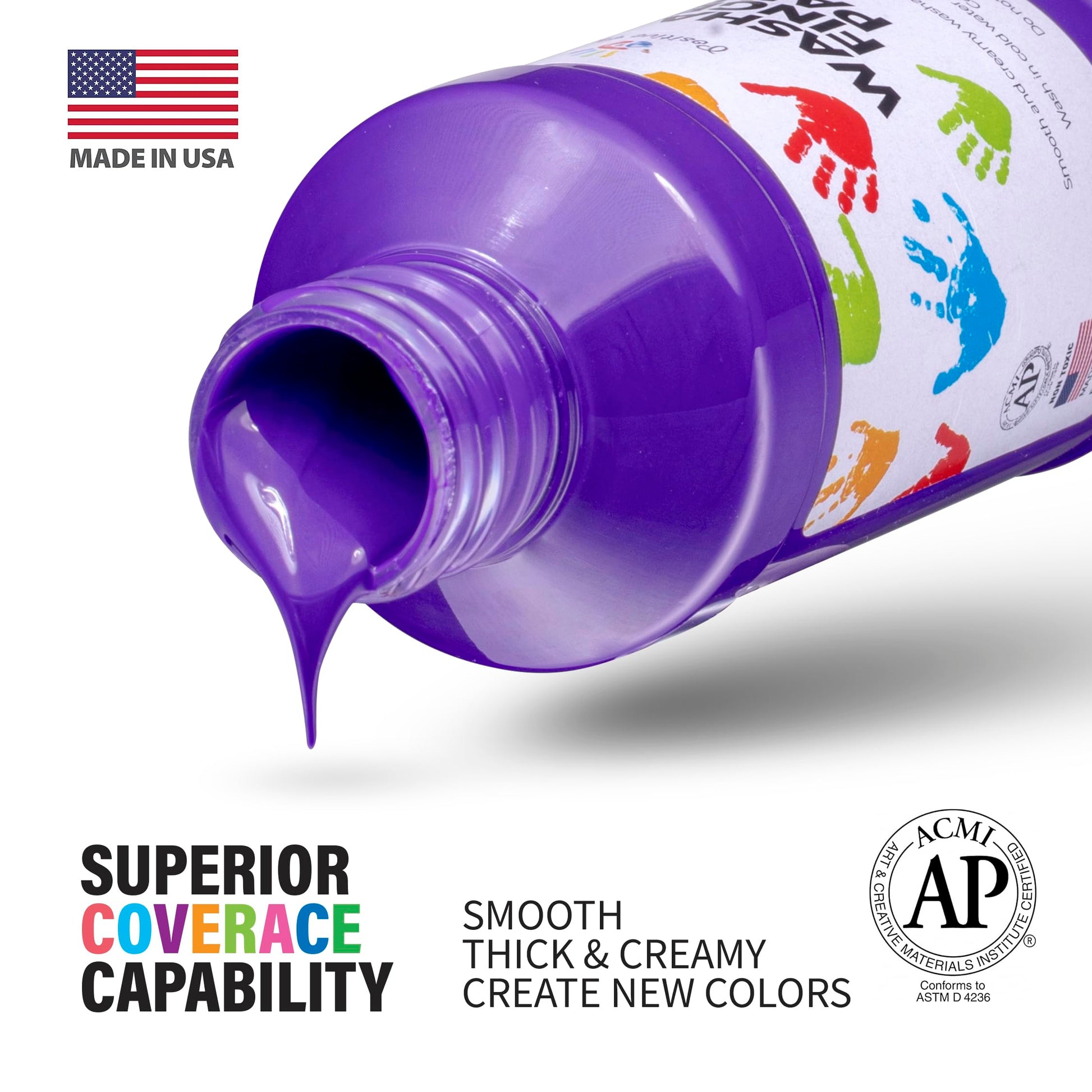 Washable Finger Paint for Kids (6 Colors, 4 fl oz Each) Made in USA - Non-Toxic, Easy Soap-and-Water Cleanup, Smooth Creamy Texture - Toddler