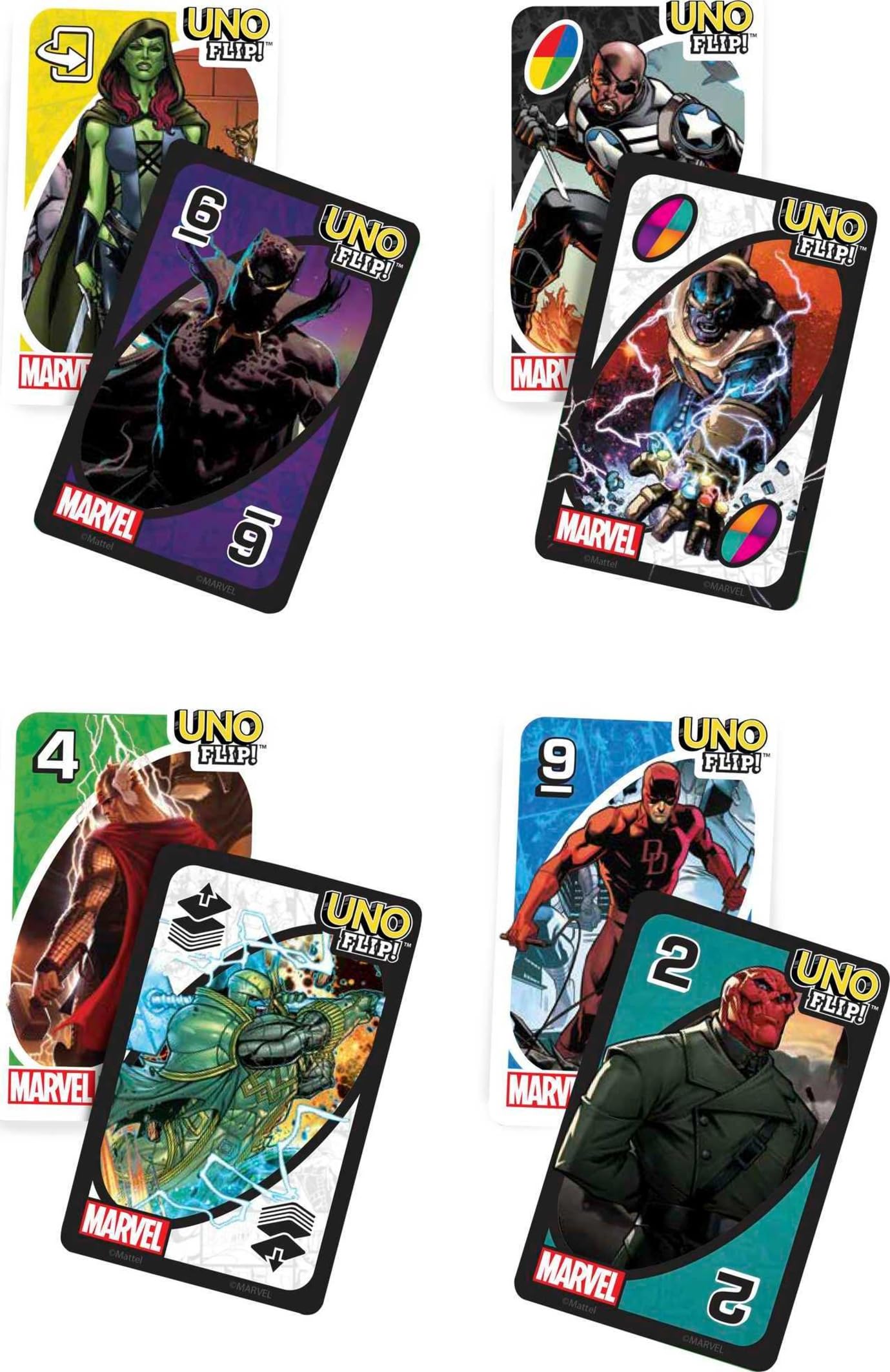 Mattel Games UNO Flip! Marvel Card Game for Kids, Adults & Family Night with Double-Sided Cards, Heroes vs. Villains