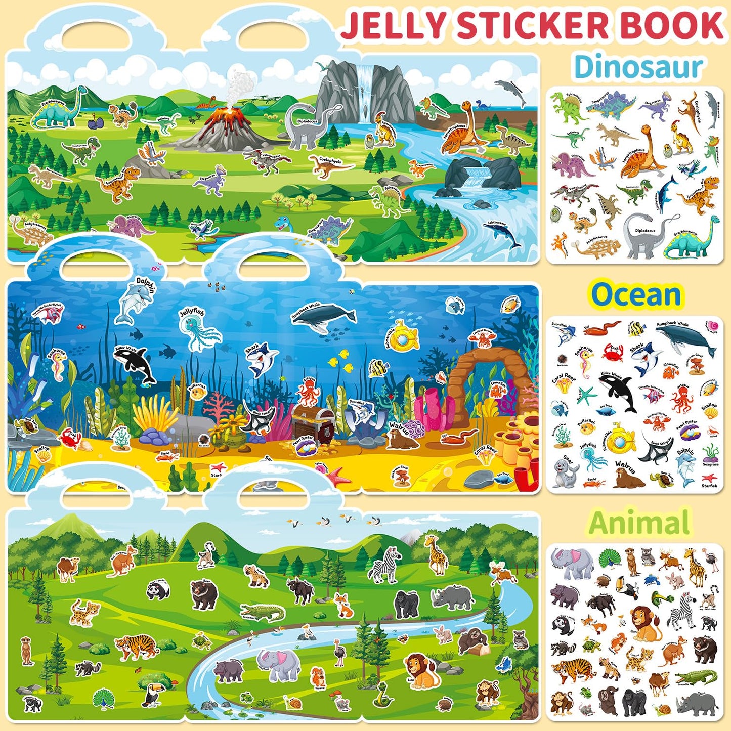 CREATIVETREES 6 Sets Reusable Sticker Book for Toddlers 3-6, Jelly Sticker Books for Toddler, Travel Sticker Activity Toys for Kids 3 4 5 6 Years Old