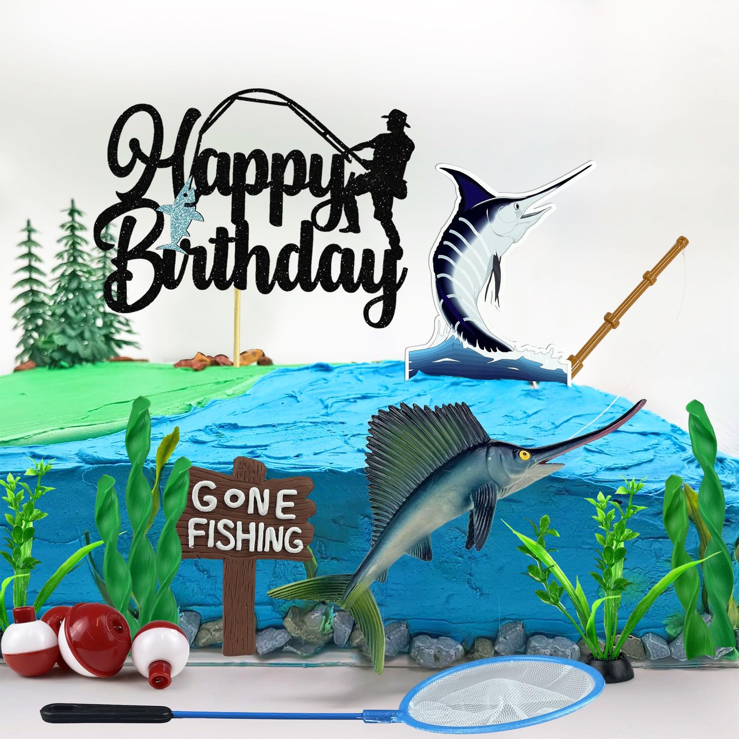 18 PCS Gone Fishing Cake Topper Decoration for Fisherman Themed Birthday Retirement Party Supplies