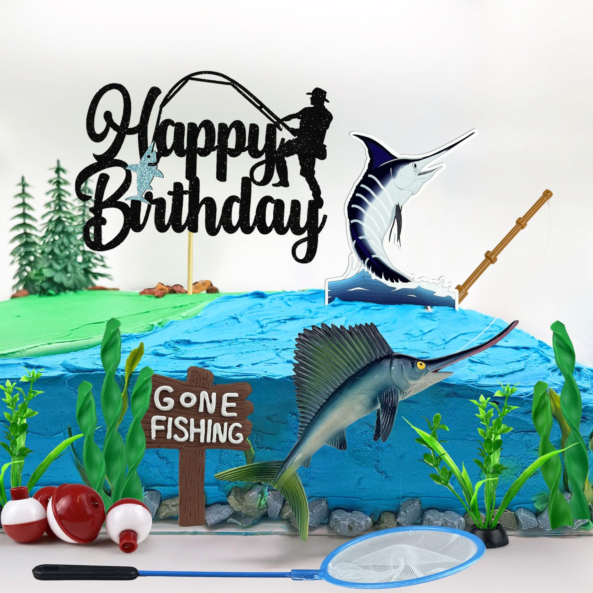 18 PCS Gone Fishing Cake Topper Decoration for Fisherman Themed Birthday Retirement Party Supplies