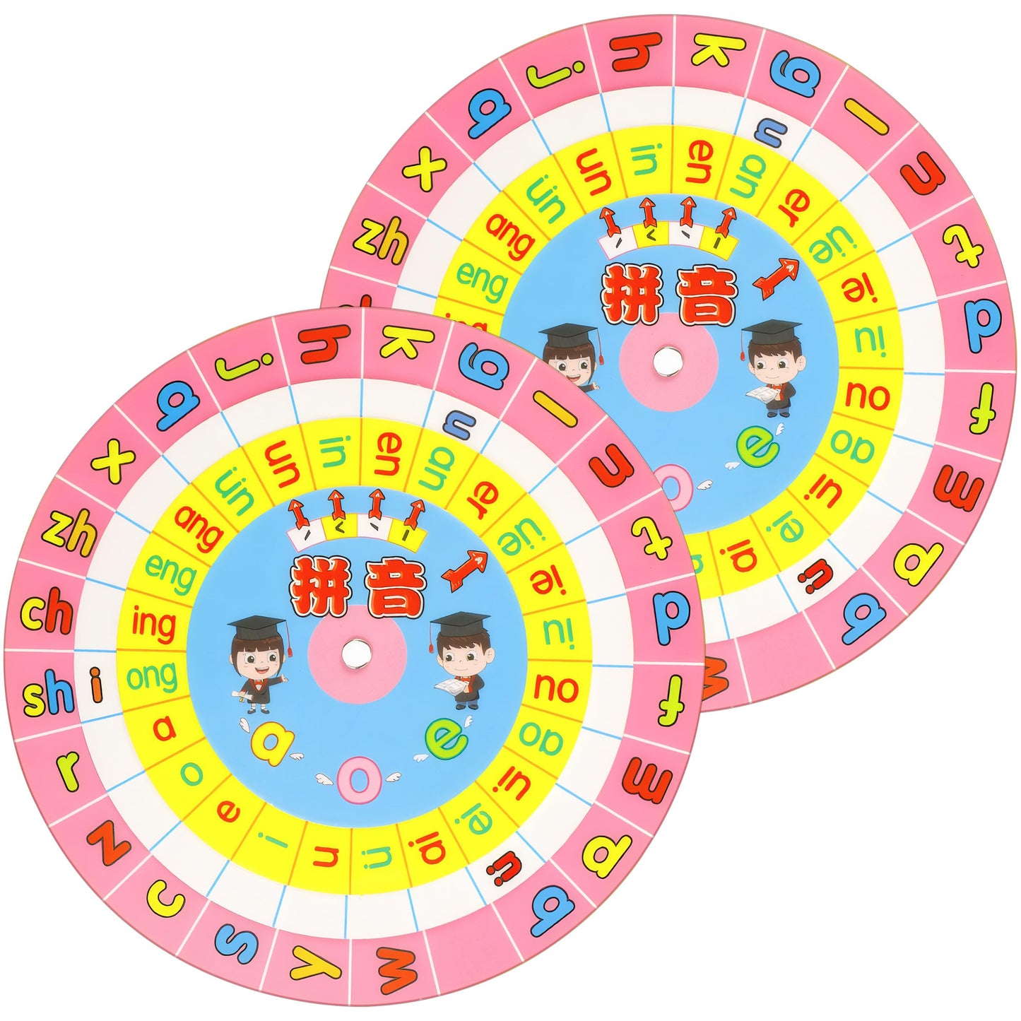 HannaFires 2-Pieces Mandarin Chinese Pinyin Learning Wheel Cards - Pink Rotating Pronunciation Chart, Portable Language Study Tool, Pinyin Guide
