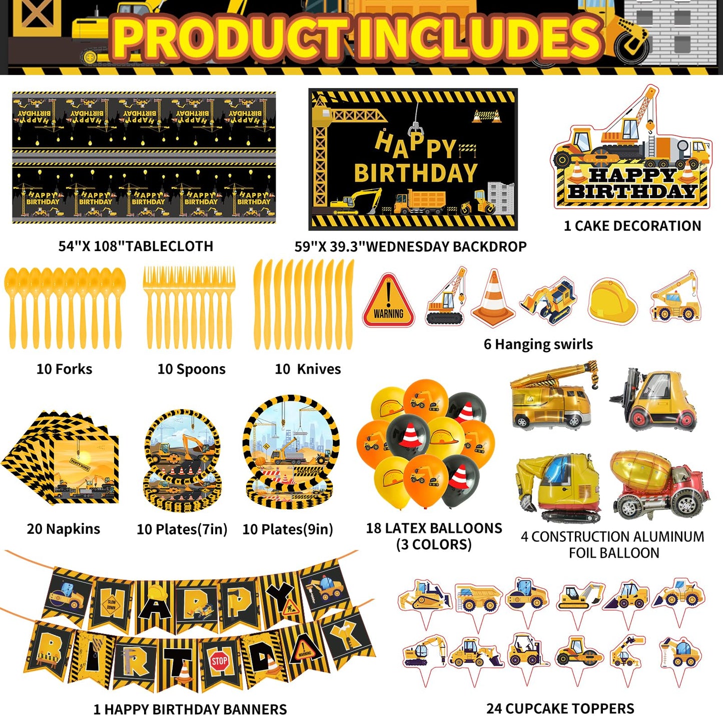 Construction Birthday Party Decorations Kit, Theme Style Party Supplies Include Birthday Banner, Backdrop, Tableware Set, Tablecloth, Hanging Swirls