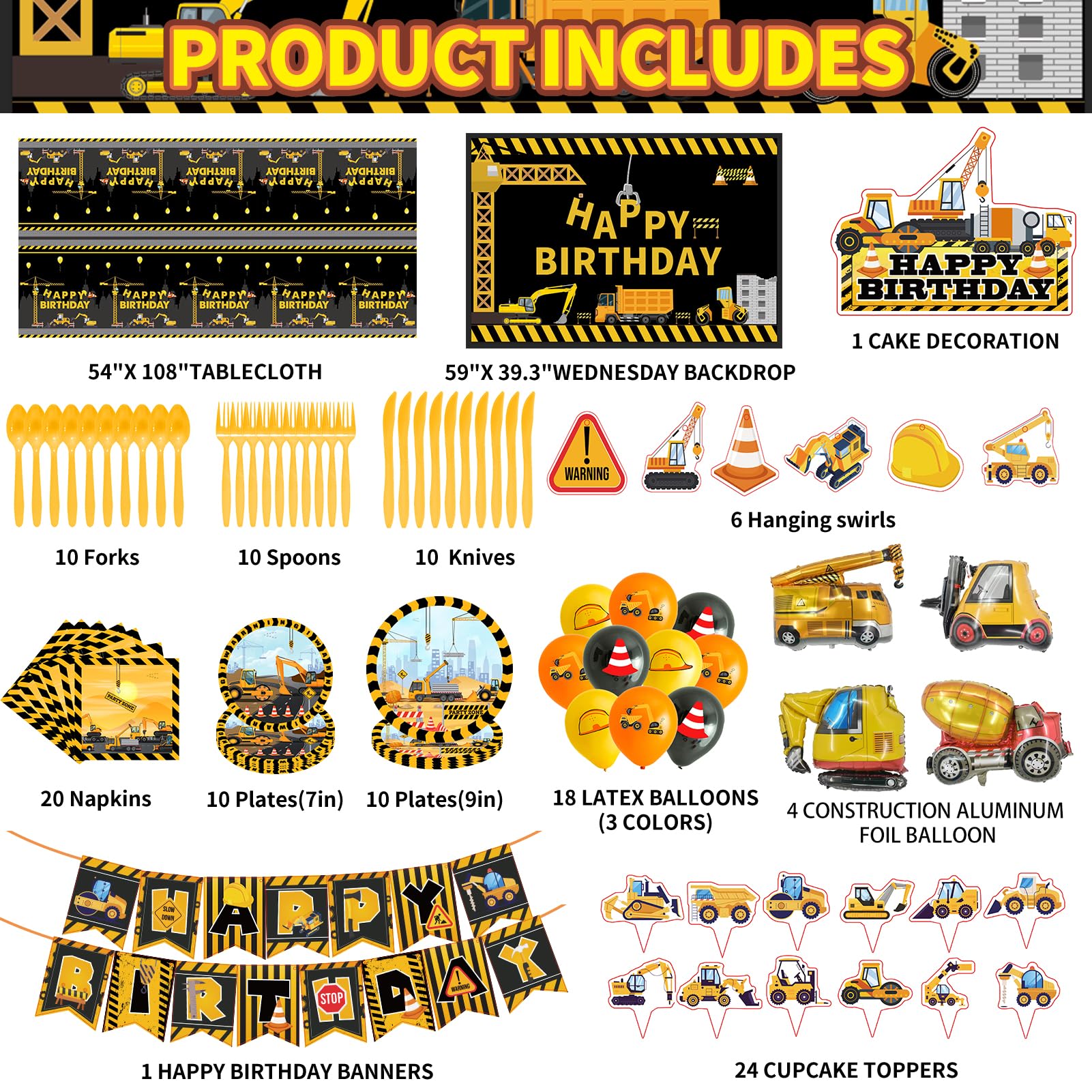 Construction Birthday Party Decorations Kit, Theme Style Party Supplies Include Birthday Banner, Backdrop, Tableware Set, Tablecloth, Hanging Swirls