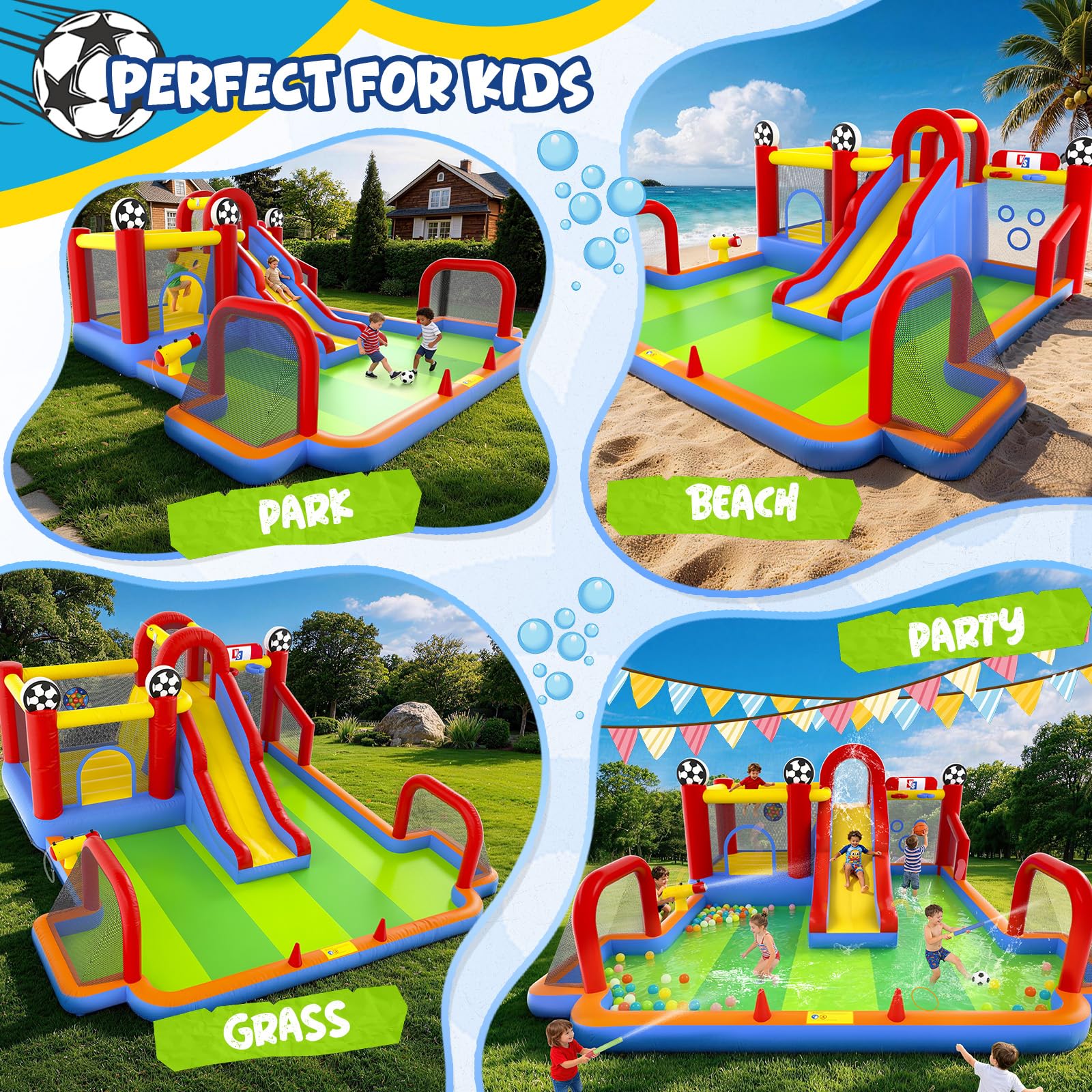 Inflatable Bounce House for Big Kids, 11 in 1 Gameplay Mode Bounce House with Slide, Soccer Bounce House with Water Slide for Backyard, Party