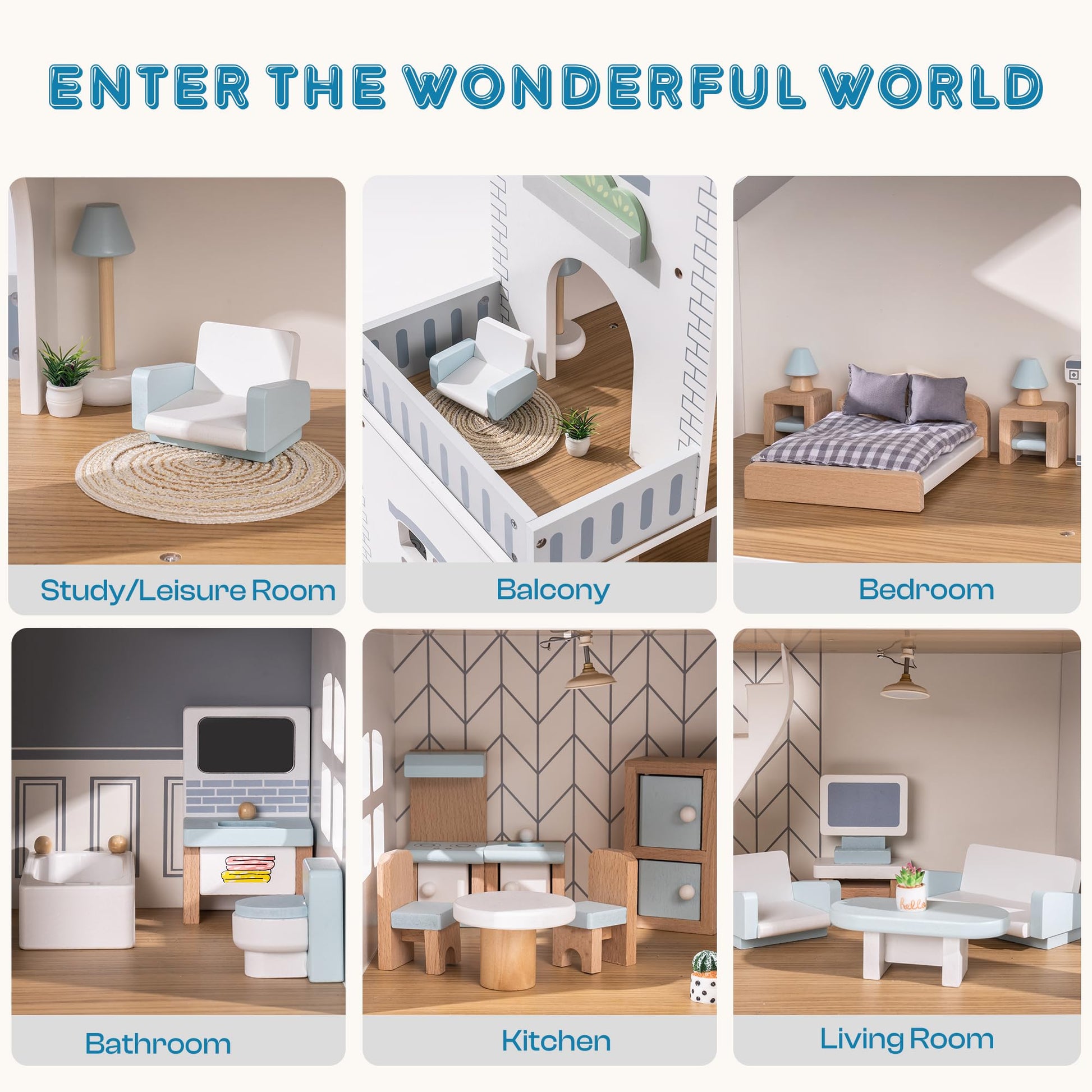ROBUD Doll House, Wooden Dollhouse with 6 Rooms, 29-pcs Realistic Accessories, Dollhouse Playset for 4-6 Inch Dolls, Gifts for Kids & Toddlers, Nordic