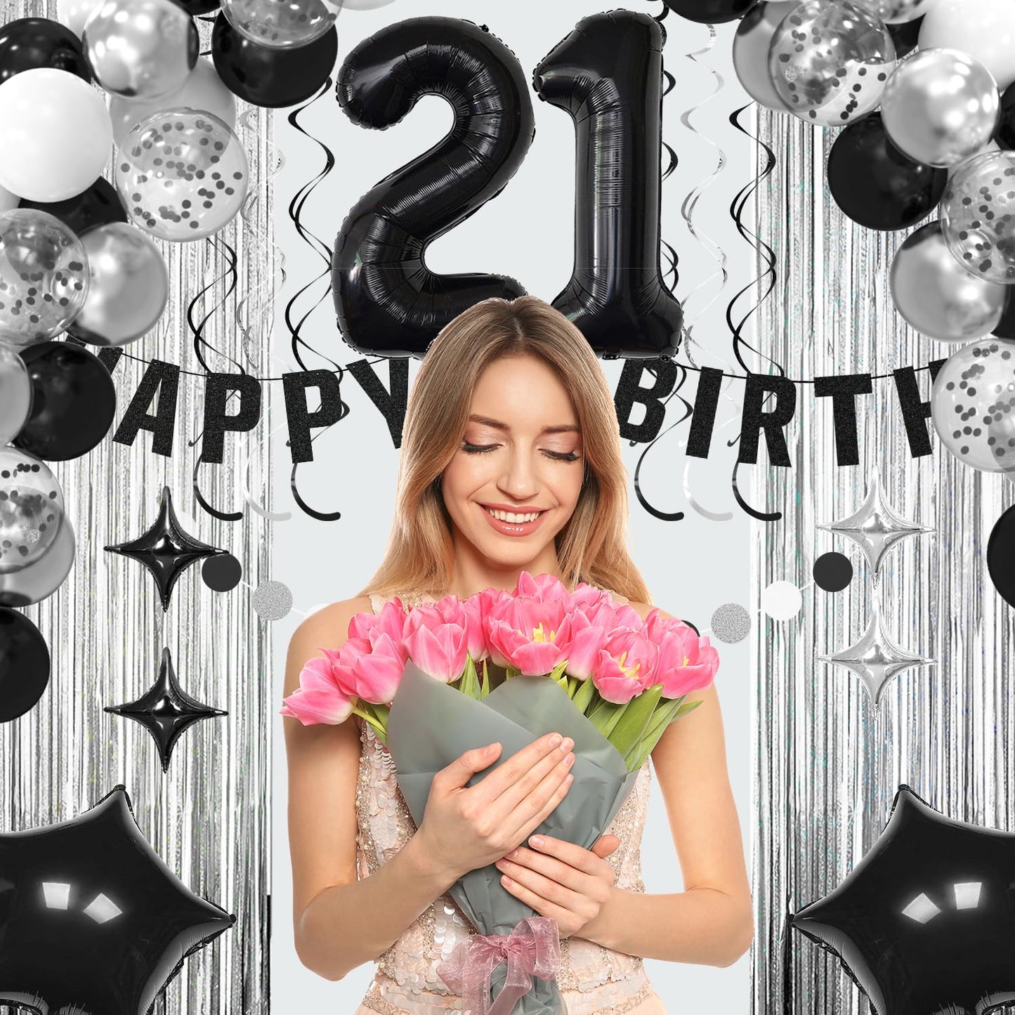21st Birthday Decorations for Boys Girls, Happy Birthday Decorations for Her Him,21 Black and Silvery Party Kit Supplies