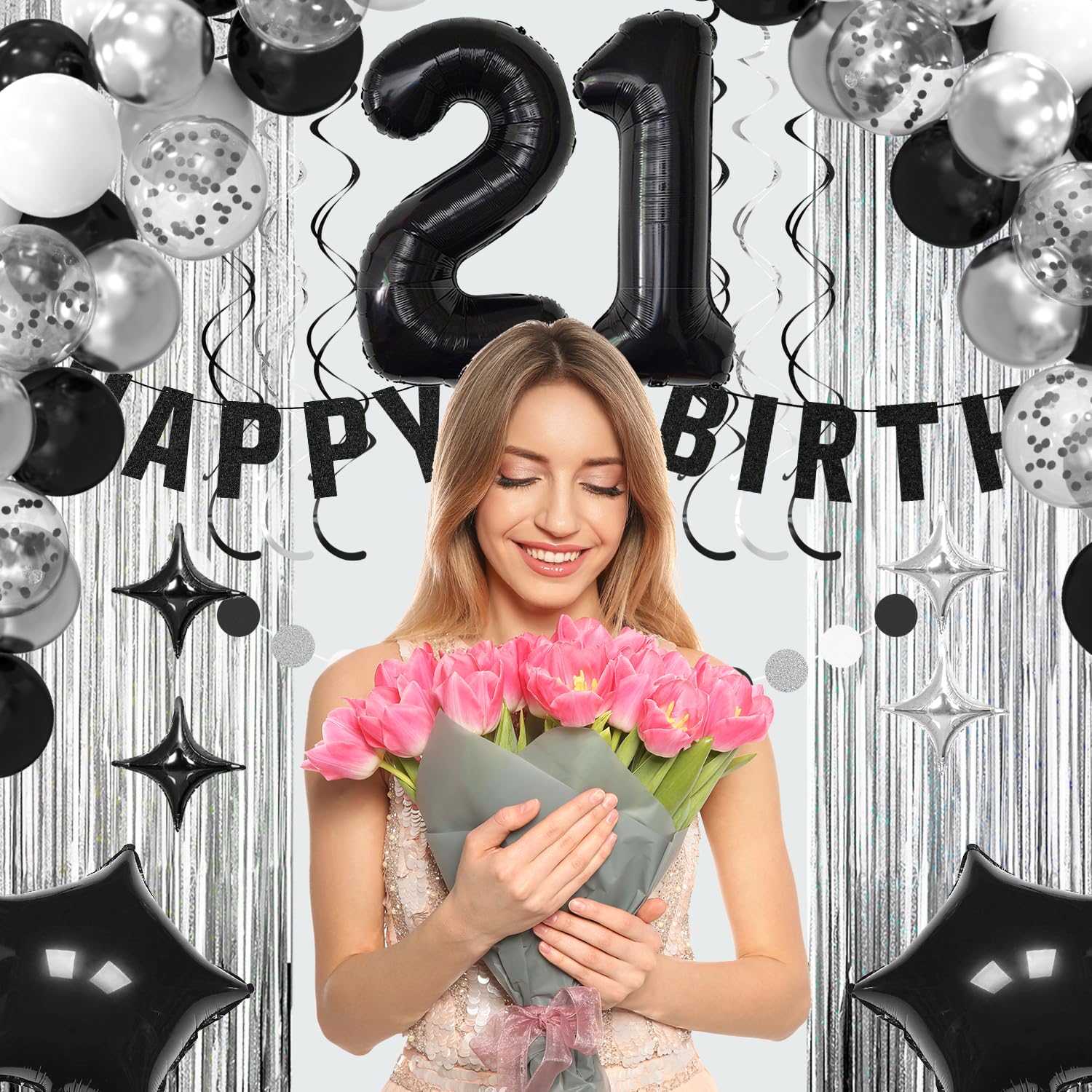 21st Birthday Decorations for Boys Girls, Happy Birthday Decorations for Her Him,21 Black and Silvery Party Kit Supplies